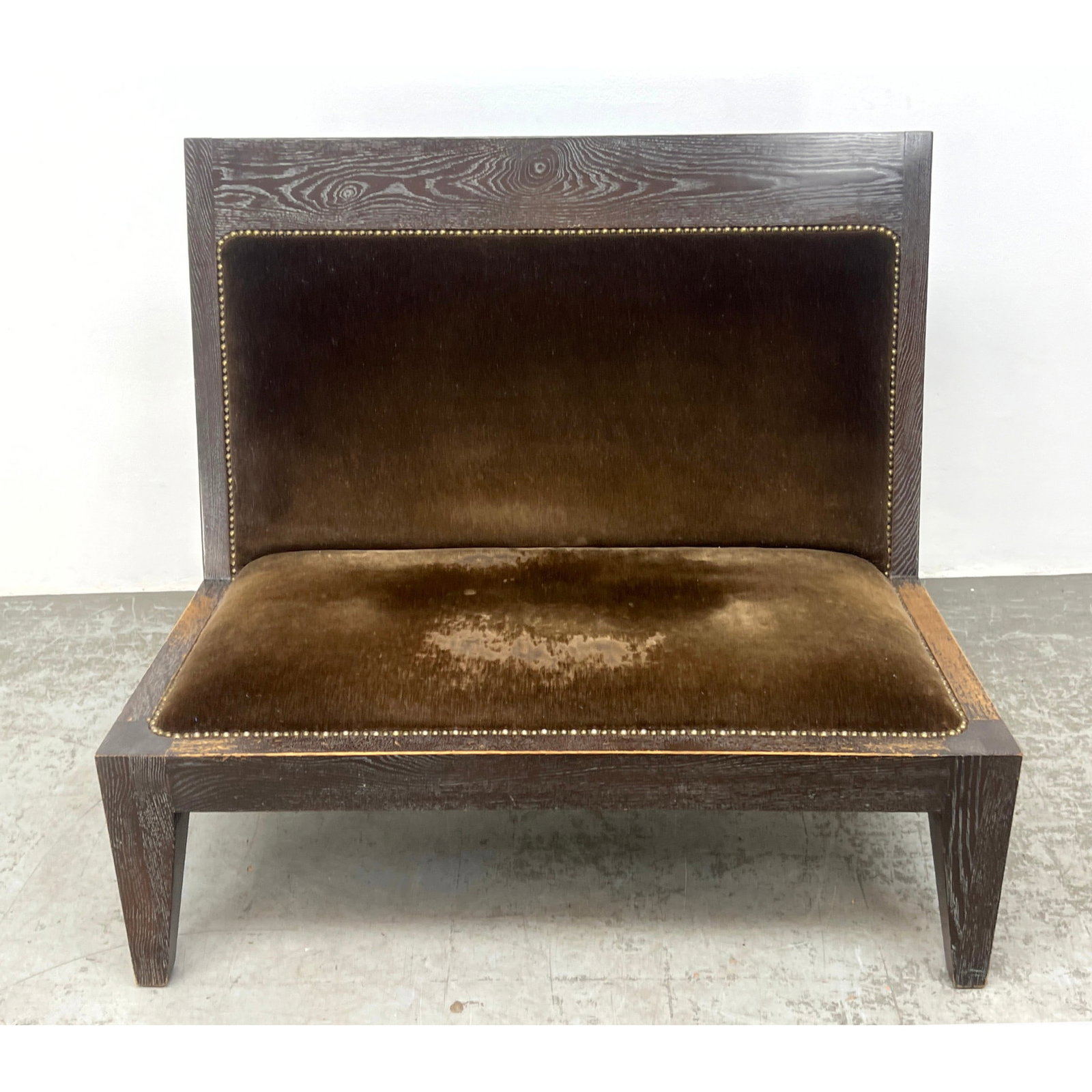 Limed Oak Frame Love Seat. Brown velvet upholstery. (1 of 9)