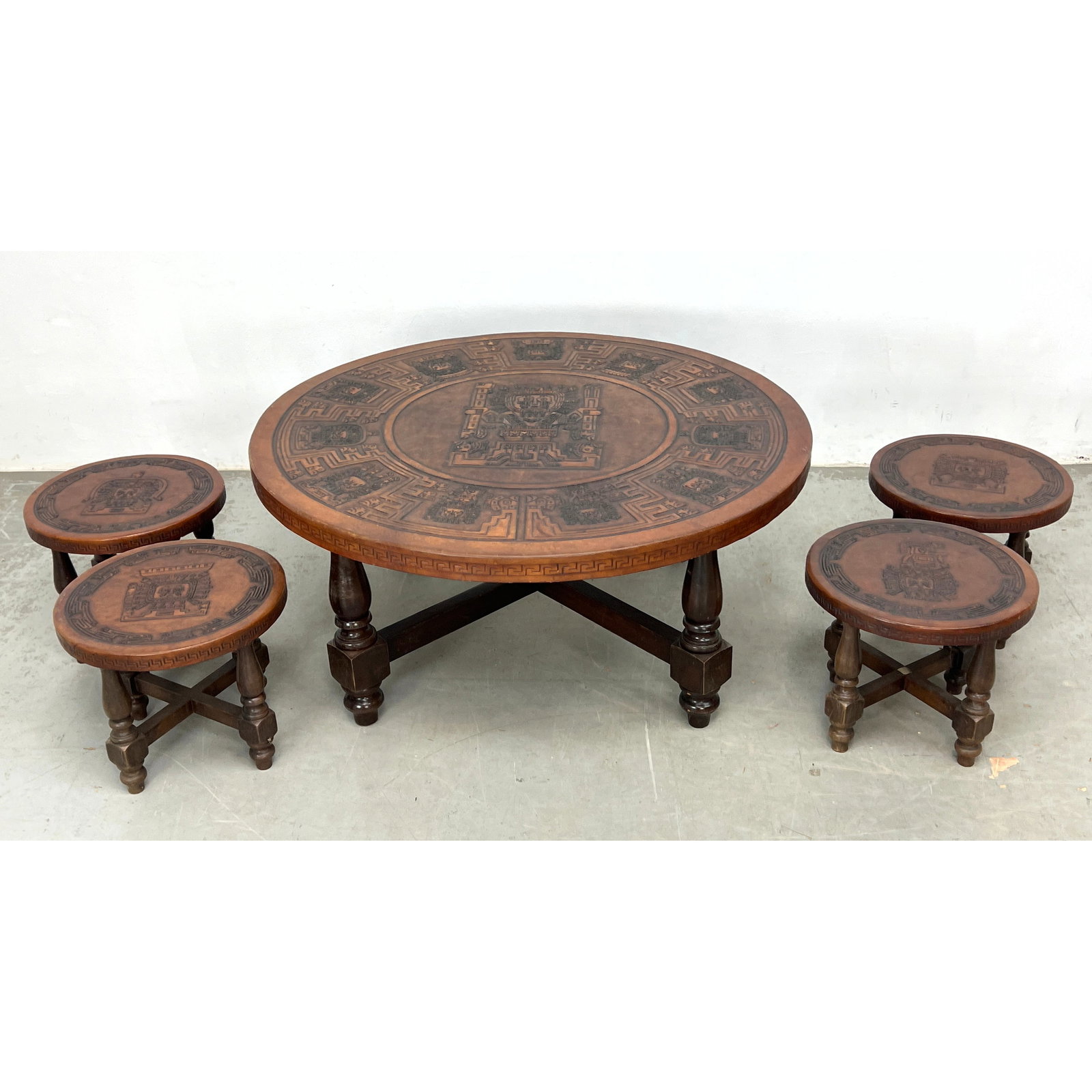 Angel Pazmino for Muebles de Estilo, 5pc Set. Table and 4 Stools. Tooled leather. (1 of 12)