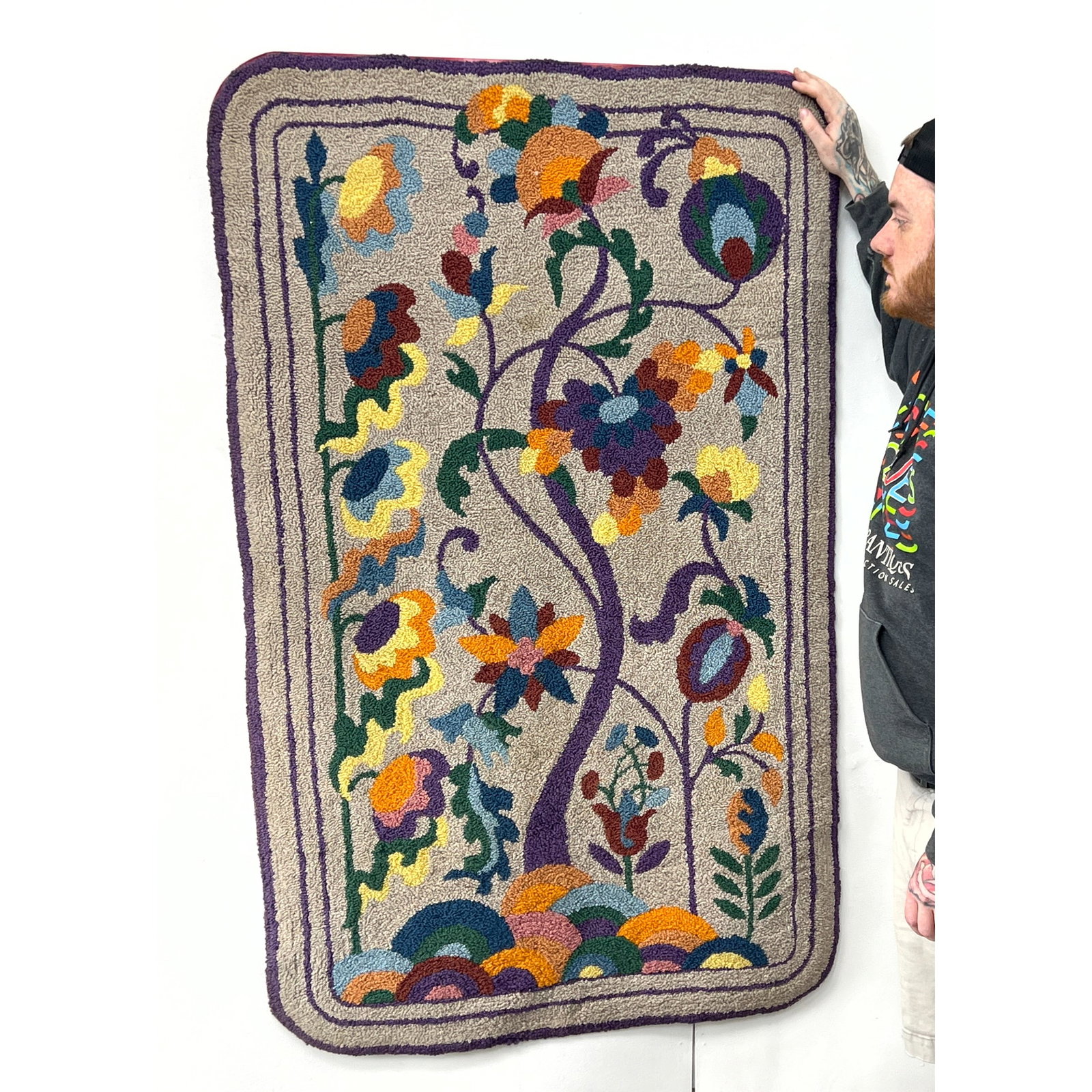 Colorful Hand Hooked Wall Hanging Rug. Stylized Tree of Life with a central scrolling vine from whic (1 of 8)