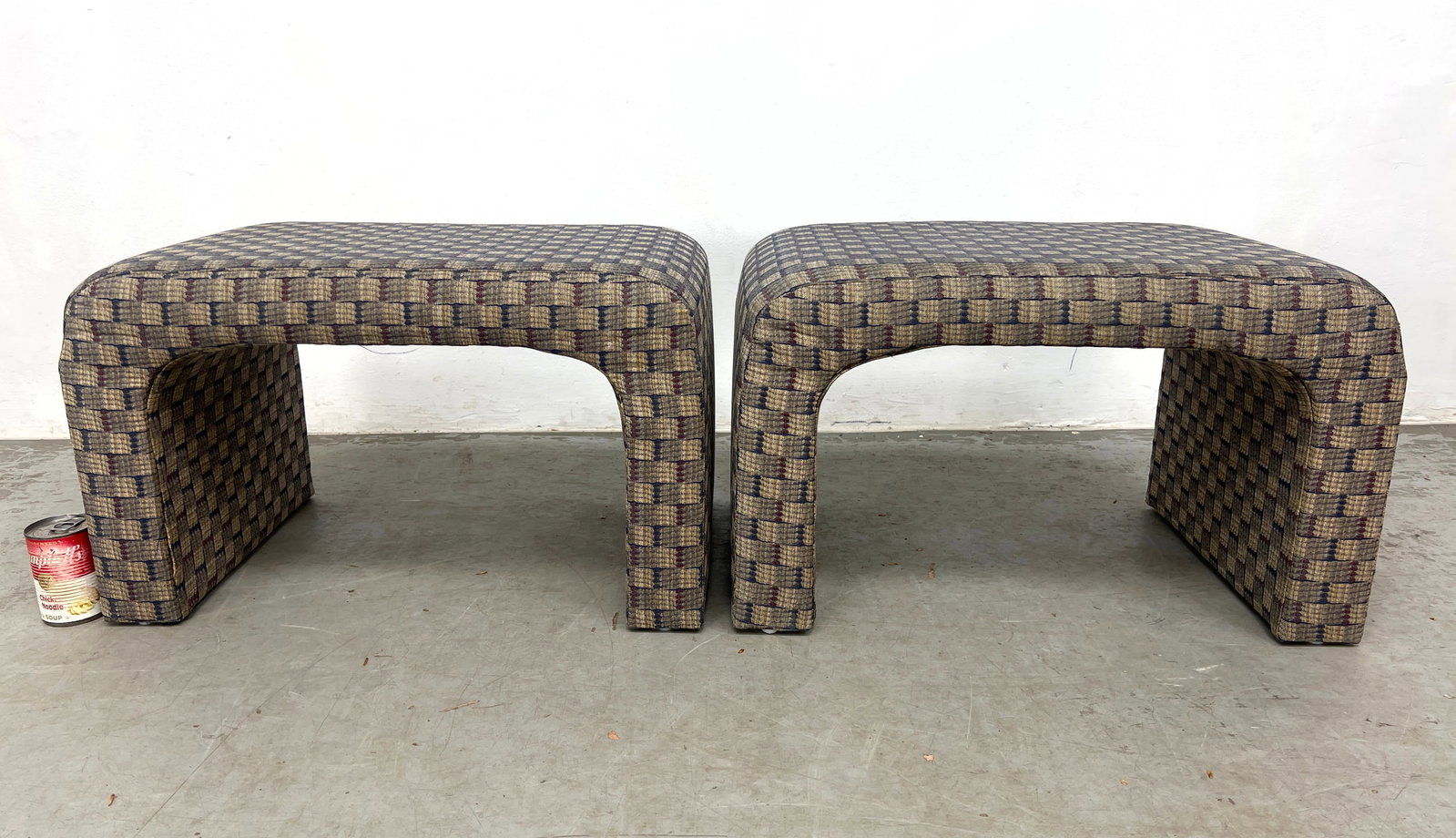 Pair Fully Upholstered Waterfall Stools. - 10