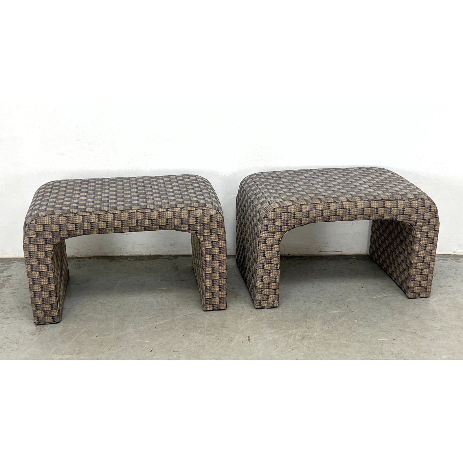 Pair Fully Upholstered Waterfall Stools. (1 of 10)