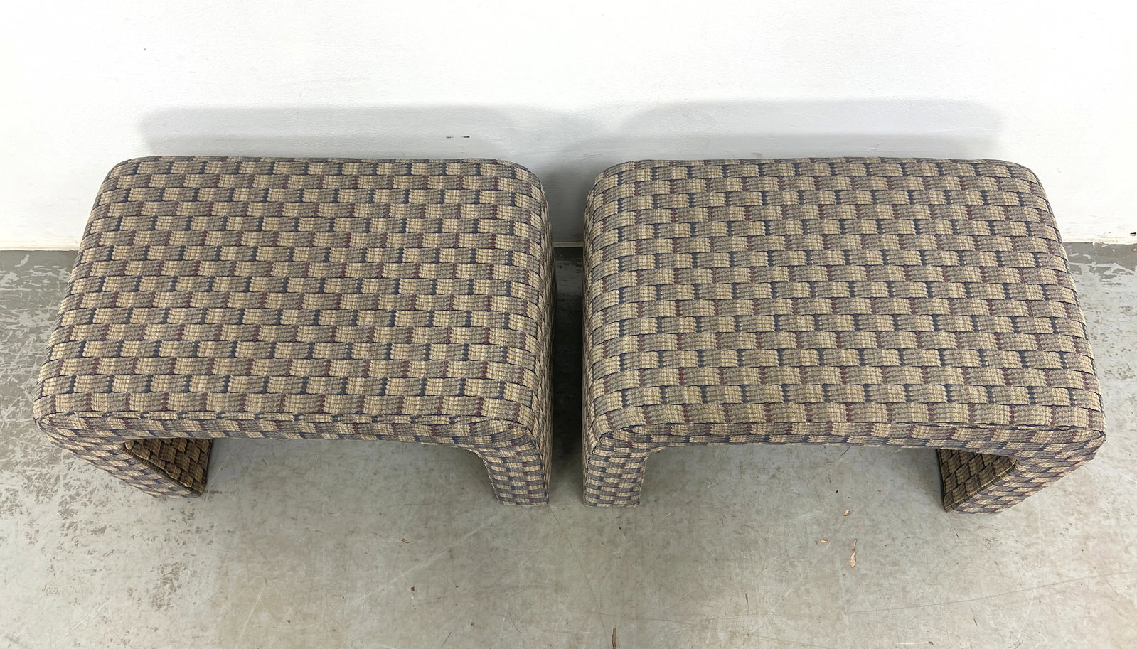 Pair Fully Upholstered Waterfall Stools. - 2