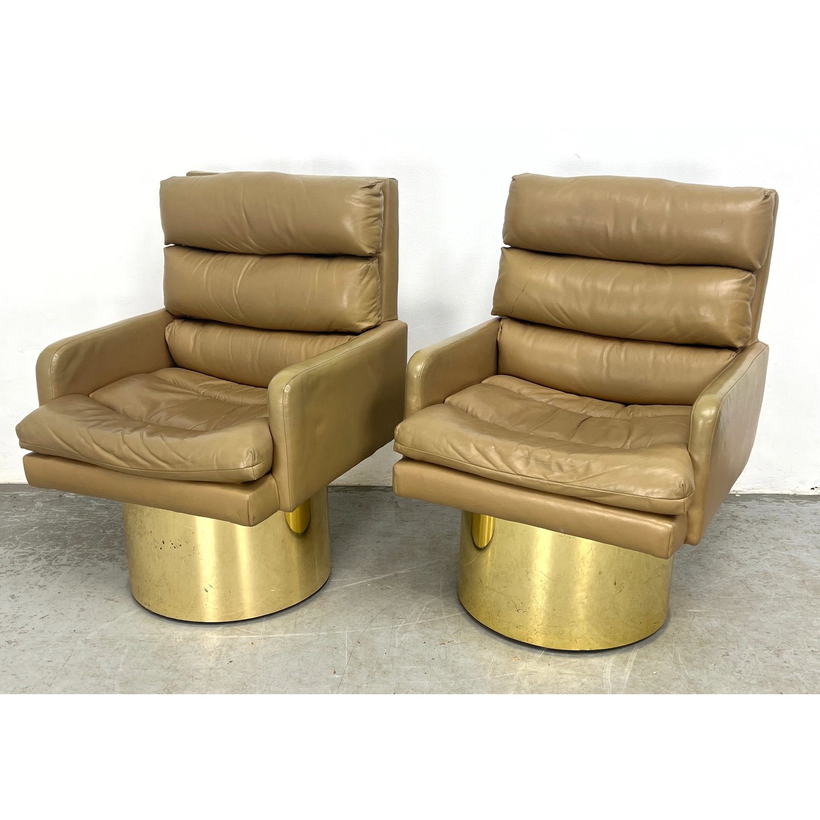 Pair Thayer Coggin Style Drum Base Chairs. Channel Tufted upholstery.: Pair Thayer Coggin Style Drum Base Chairs. Channel Tufted upholstery. Dimensions: Height: 34.5 inches, Width: 25.25 inches, Depth: 27 inches. - Seat Height: 17 inches ---