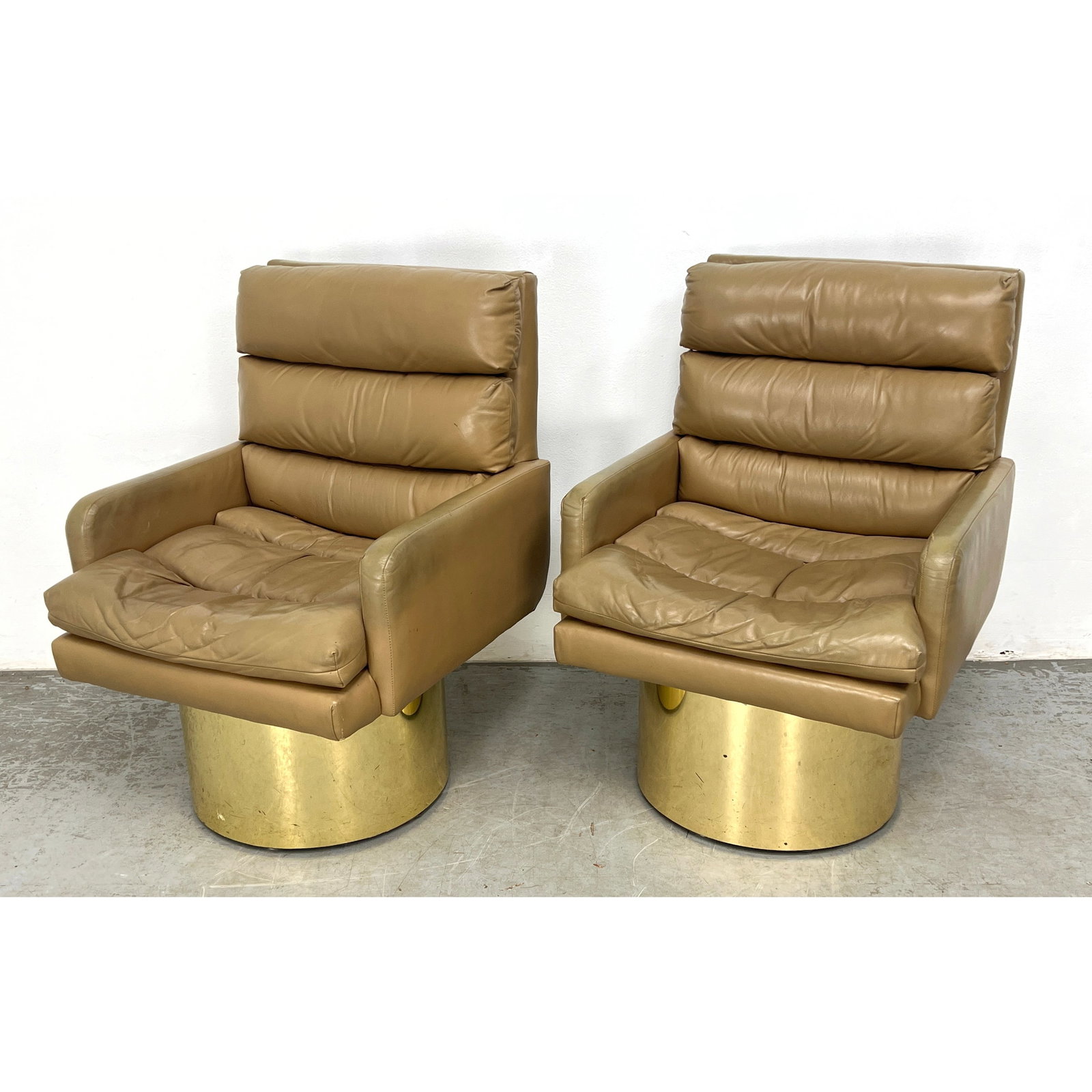 Pair Thayer Coggin Style Drum Base Chairs. Channel Tufted upholstery.: Pair Thayer Coggin Style Drum Base Chairs. Channel Tufted upholstery. Dimensions: Height: 34.5 inches, Width: 25.25 inches, Depth: 27 inches. - Seat Height: 17 inches ---