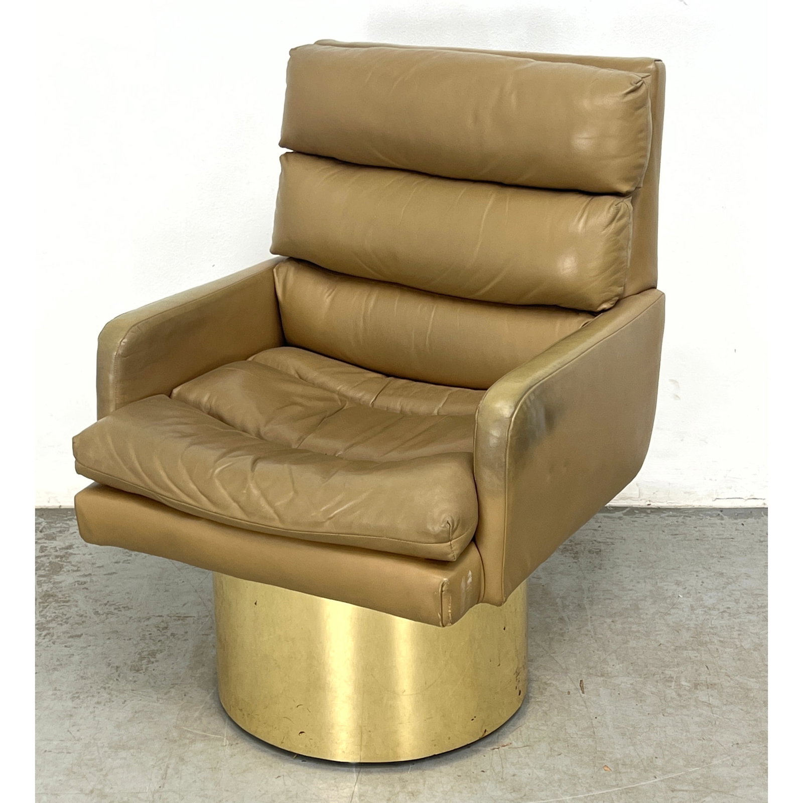 Thayer Coggin Style Drum Base Chair. Channel Tufted upholstery.: Thayer Coggin Style Drum Base Chair. Channel Tufted upholstery. Dimensions: Height: 34.5 inches, Width: 25.25 inches, Depth: 27 inches. - Seat Height: 17 inches ---