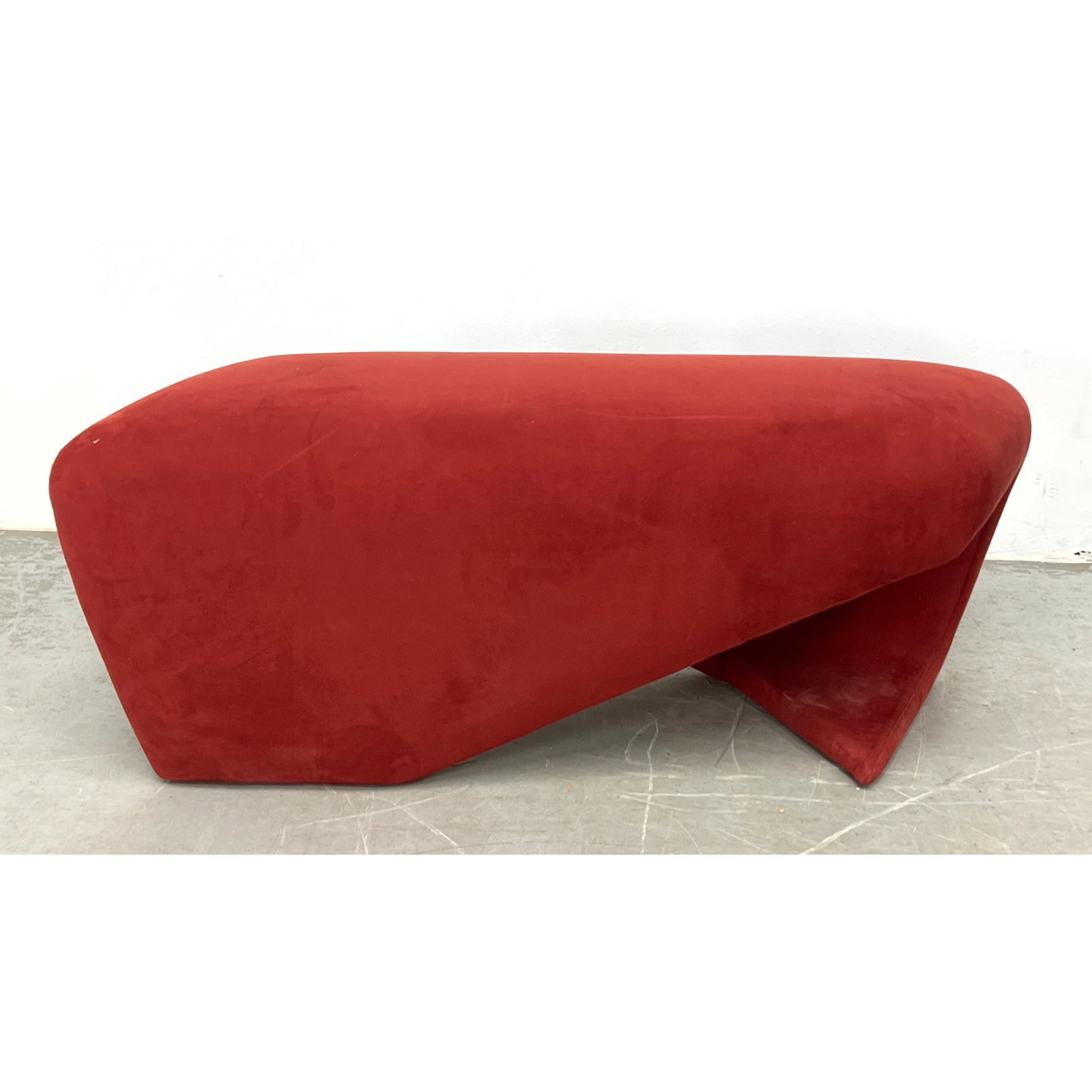 Barbara and Robert Tiffany 1997 Designer Bench. Sculptural Hadid style bench featuring a bold cantil: Barbara and Robert Tiffany 1997 Designer Bench. Sculptural Hadid style bench featuring a bold cantilevered geometric form. Metal Label. Dimensions: Height: 18 inches, Width: 44 inches, Depth: 19 inche