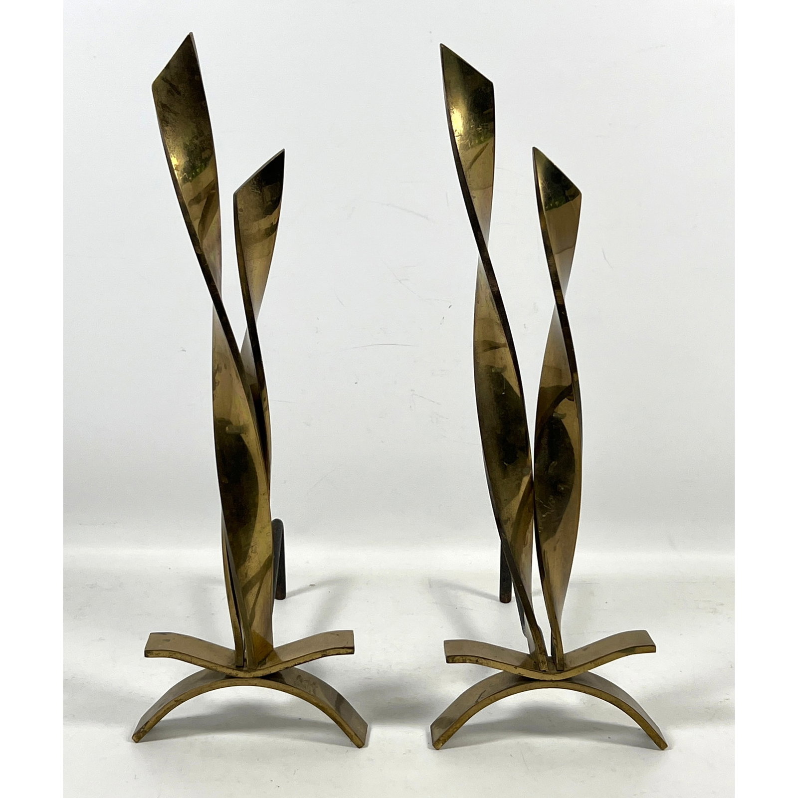 Pair Vintage Donald Deskey Style Fireplace Andirons. Brass ribbon form. (1 of 9)