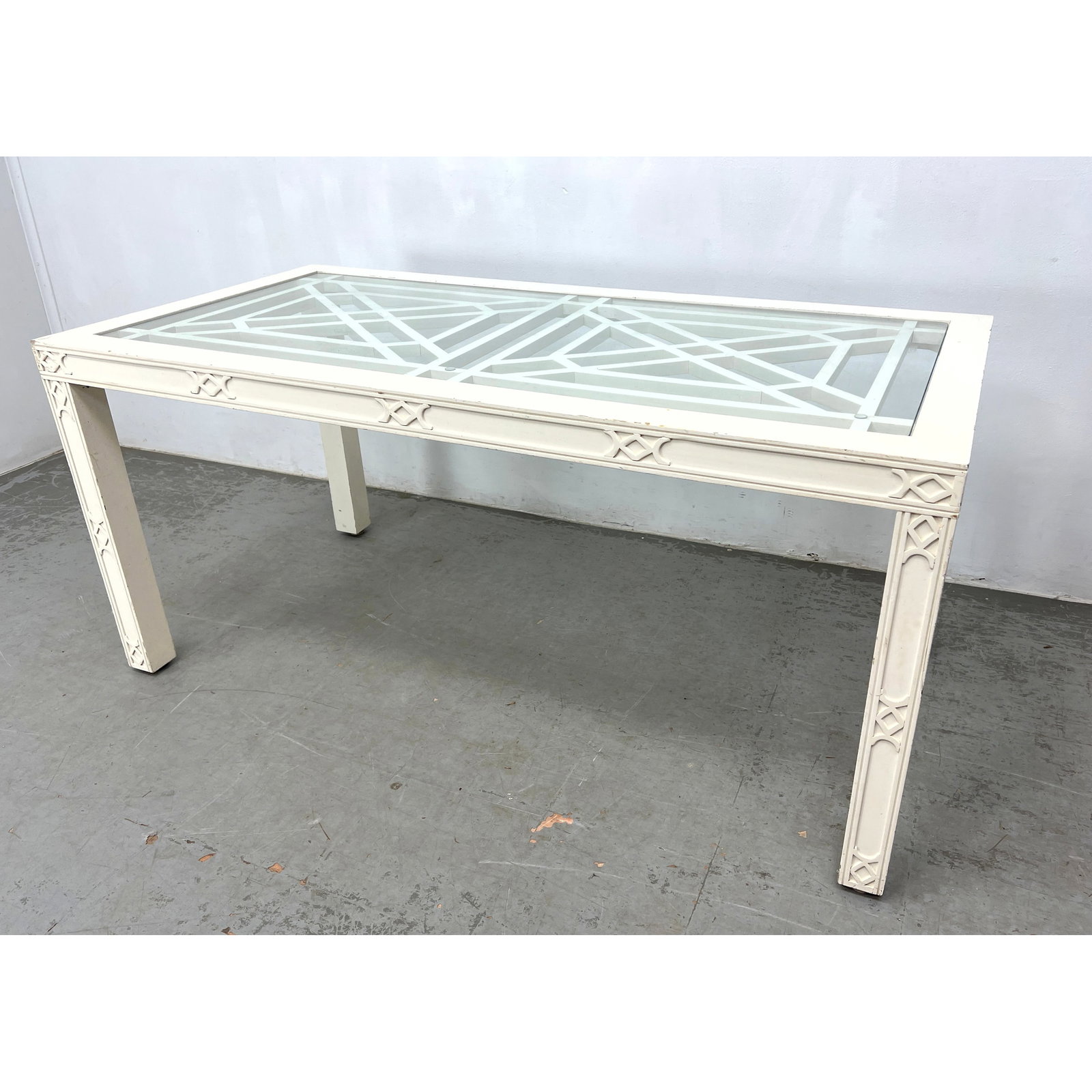 Palm Beach Regency or Chinoiserie style Dining Table. White Finish. Inset Glass.: Palm Beach Regency or Chinoiserie style Dining Table. White Finish. Inset Glass. Dimensions: Height: 30 inches, Width: 64 inches, Depth: 32 inches. ---