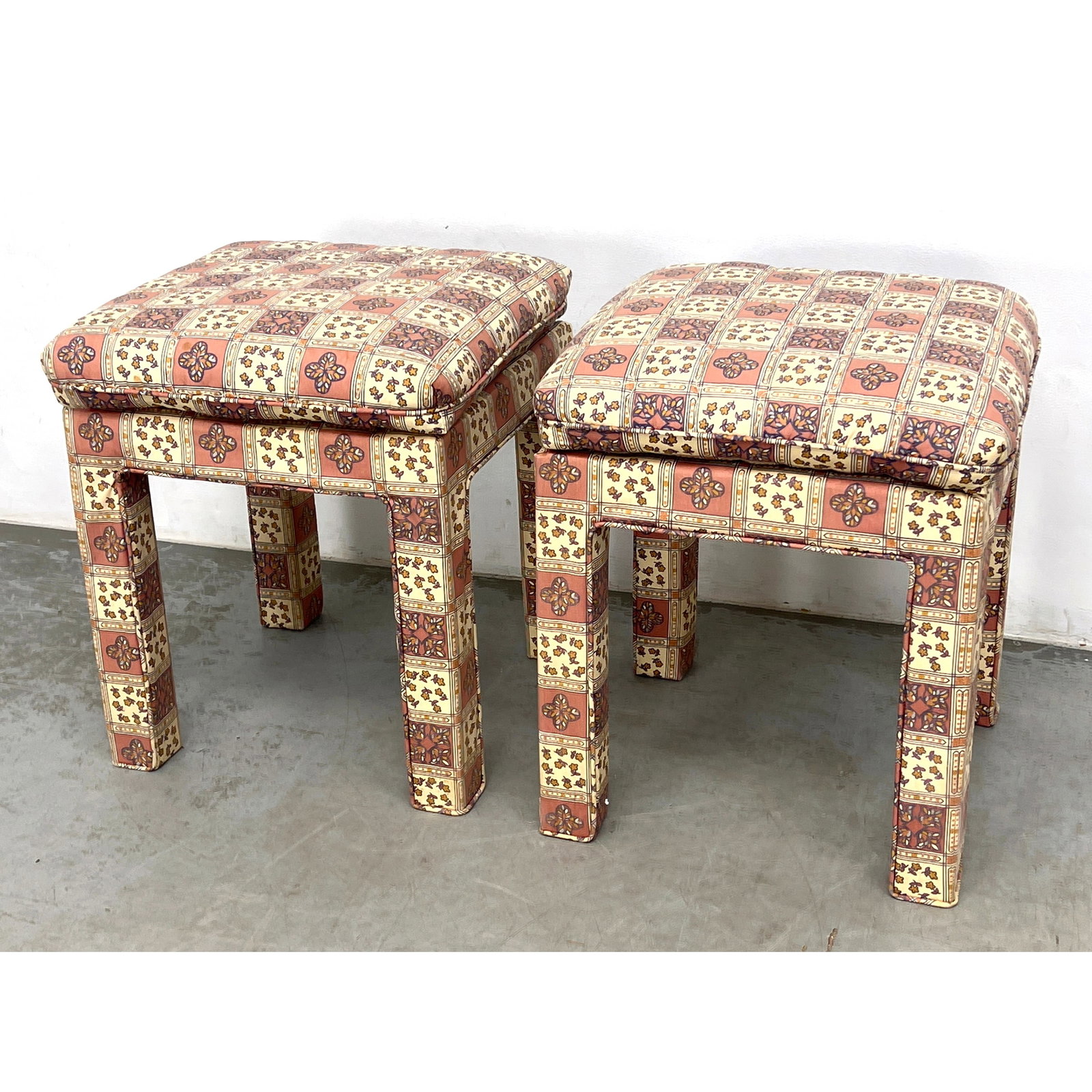 Pair Fully Upholstered Parsons Style Stools. (1 of 8)
