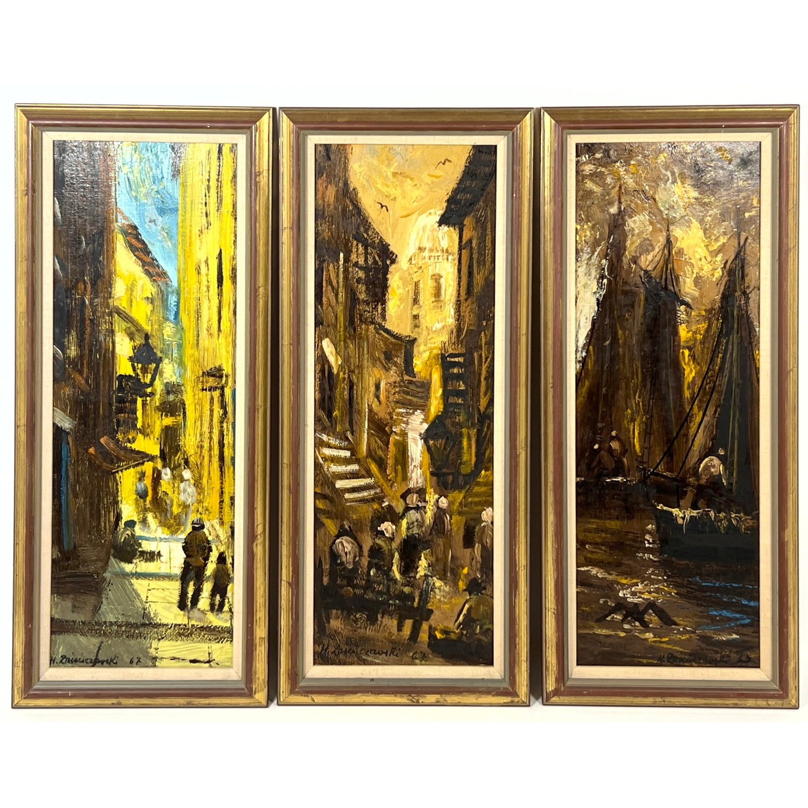 3pcs Henryk Dzienczarski Oil Paintings. Triptych individually framed.: 3pcs Henryk Dzienczarski Oil Paintings. Triptych individually framed. Dimensions: Height: 29.5 inches, Width: 12.75 inches. --- US Packing and Shipping charge: In house shipping available. Will be