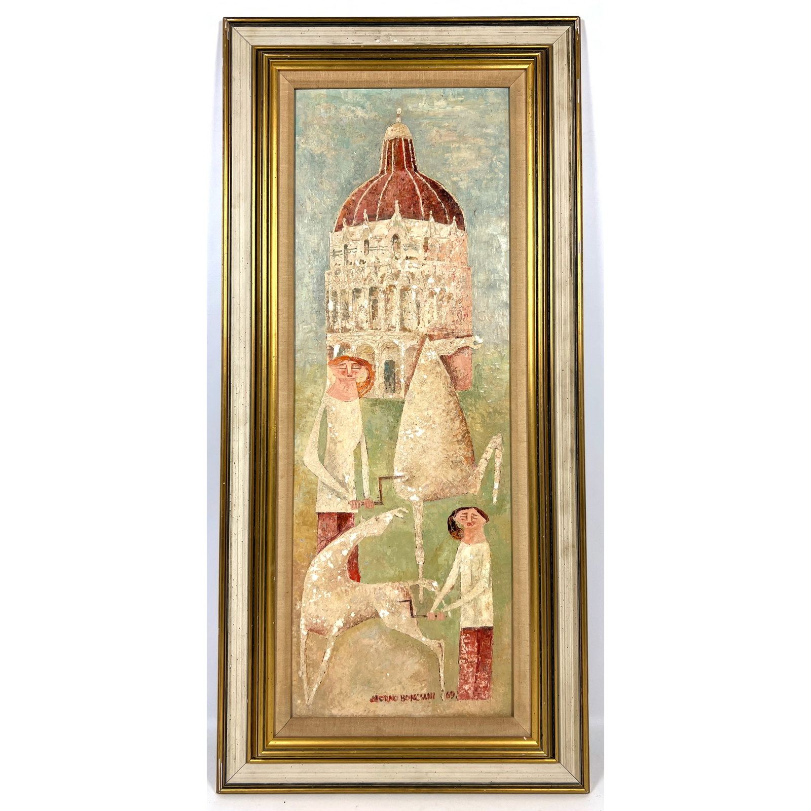 Adorno Bonciani Painting on Board, Signed dated 69.: Adorno Bonciani Painting on Board, Signed dated 69. Dimensions: Frame Height: 33.5 inches, Frame Width: 16 inches. - Image Size: Image Height: 27 inches, Image Width: 9.5 inches. --- US Packing and Sh