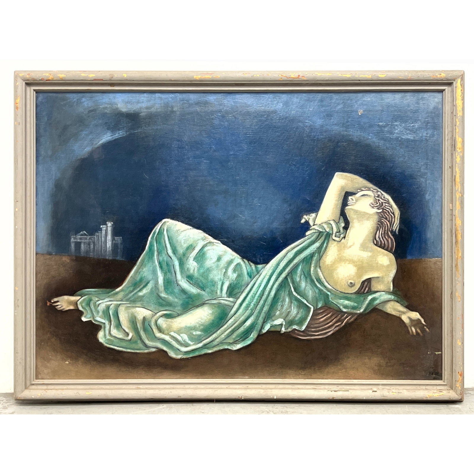 Large Partially Nude Reclining Female Figure. Diaphanous Teal Gown. Flowing Hair. "Homage to Isadora: Large Partially Nude Reclining Female Figure. Diaphanous Teal Gown. Flowing Hair. "Homage to Isadora Duncan". Illegibly signed. Dimensions: Frame Height: 48 inches, Frame Width: 63.5 inches. - Image