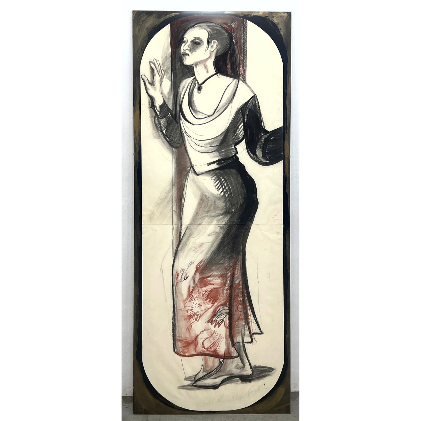 Large-scale expressionist drawing by Carol Crawford depicts a full-length portrait of a woman in pro (1 of 12)