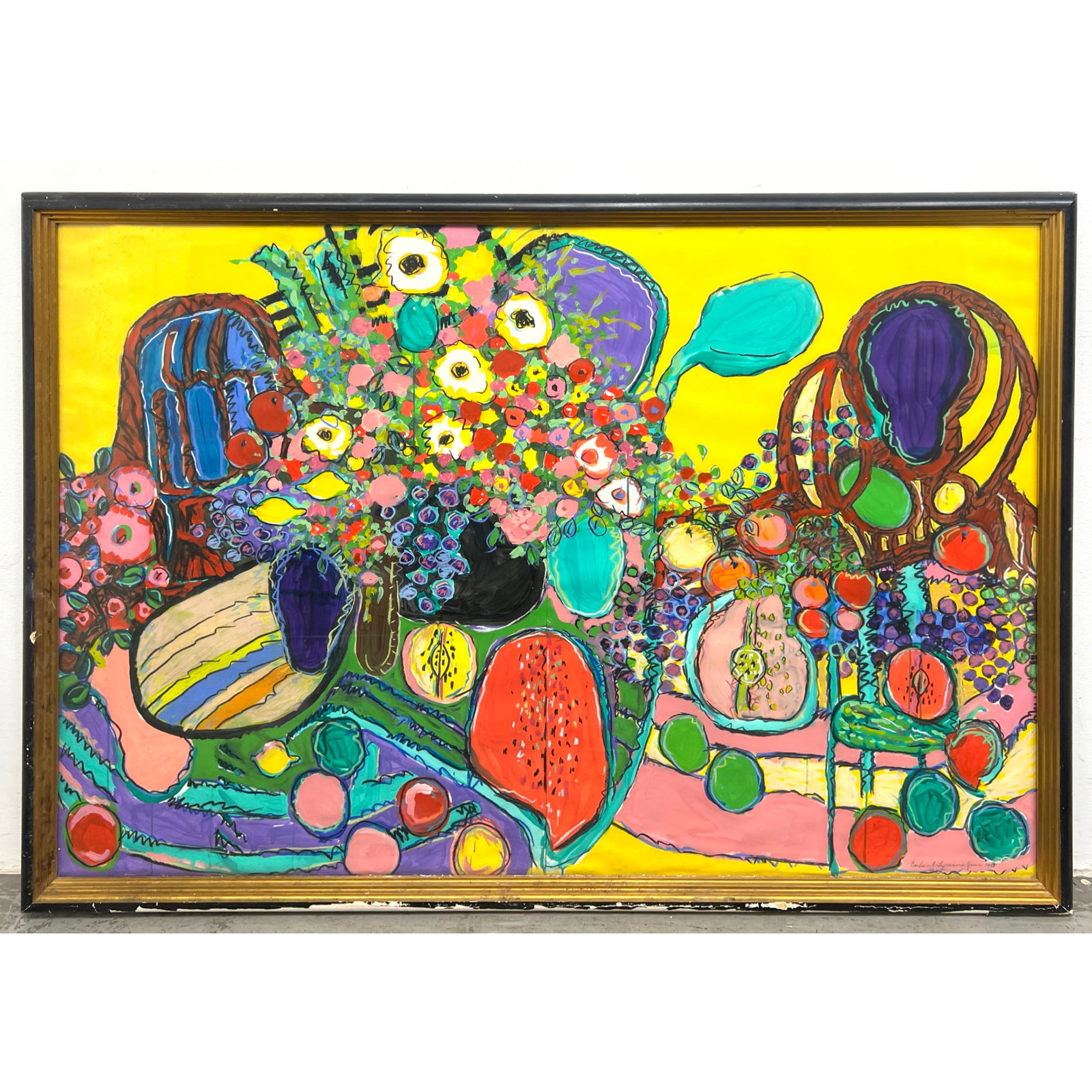 Large-scale mixed media work on paper by artist Barbara J. Lyman depicts a vibrant and densely packe: Large-scale mixed media work on paper by artist Barbara J. Lyman depicts a vibrant and densely packed still life. 1988. Abstract Modern Dimensions: Height: 45.5 inches, Width: 63 inches. ---