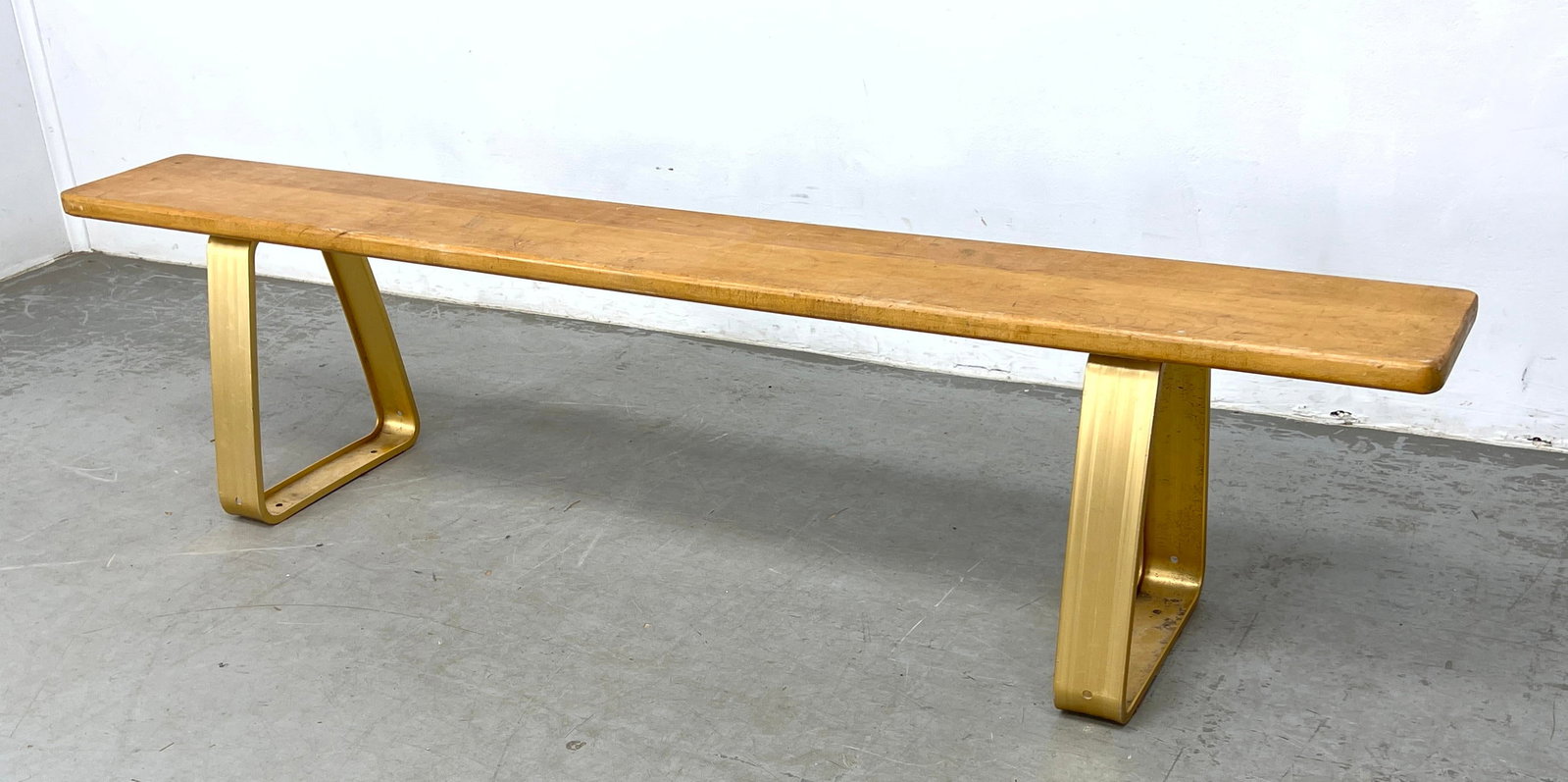 Vintage Maple Blonde Wood Bench with Gold Anodized Aluminum Legs, Alcoa Style (1 of 11)