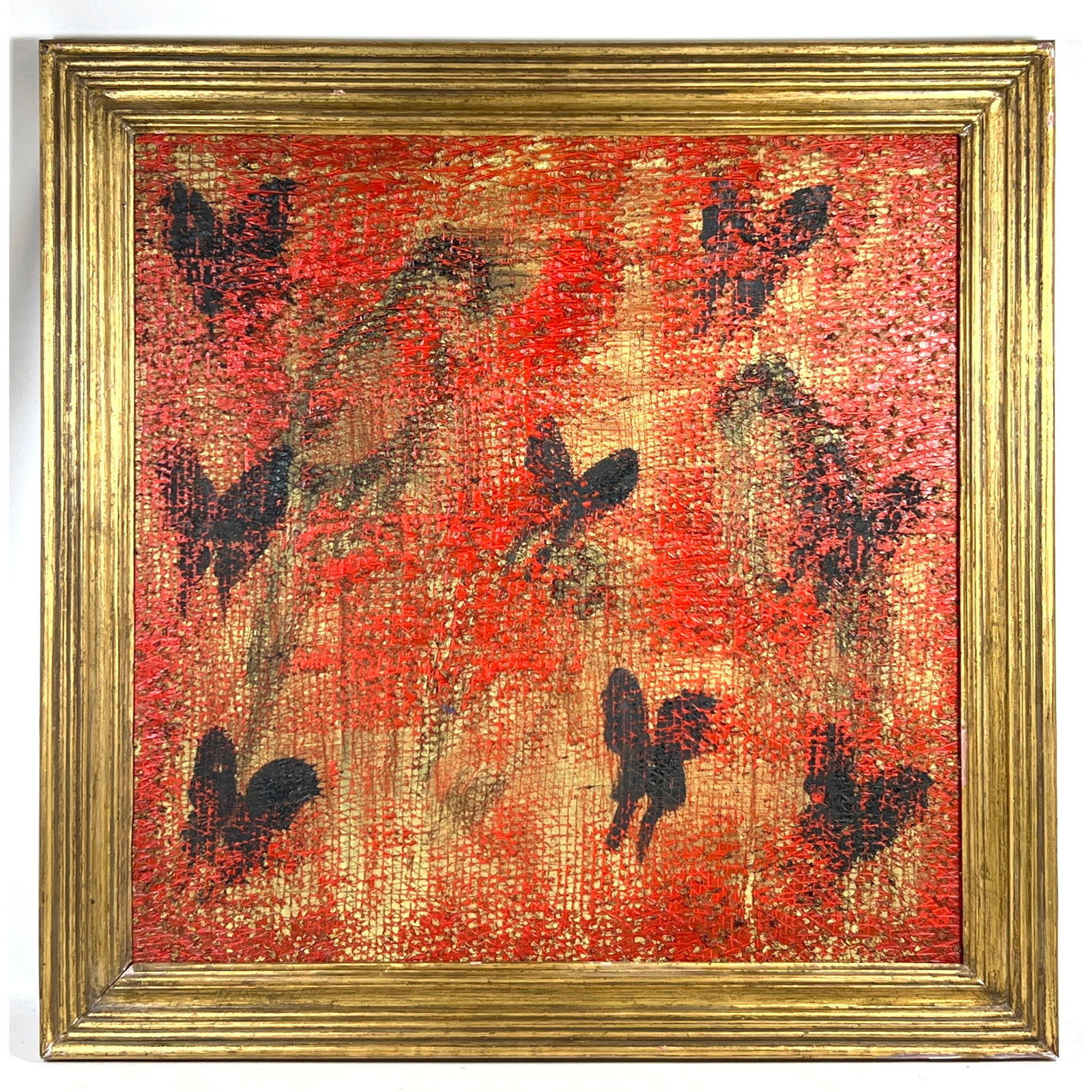 36 x 42 Large HUNT SLONEM 2011 Painting on Canvas. Red Sea. Butterflies on Textured red with Shadows: 36 x 42 Large HUNT SLONEM 2011 Painting on Canvas. Red Sea. Butterflies on Textured red with Shadows of 2 Birds. Thick Paint. Dimensions: Frame Height: 42 inches, Frame Width: 42.5 inches. - Image Siz
