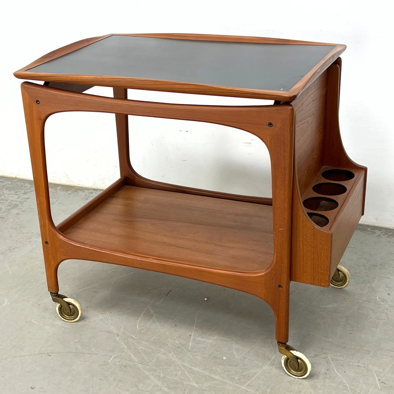 Quality BRDR DALSGAARD Mid Century Modern Teak Bar Cart. Inset Black Laminate Top. Hanging Bottle Ho (1 of 10)
