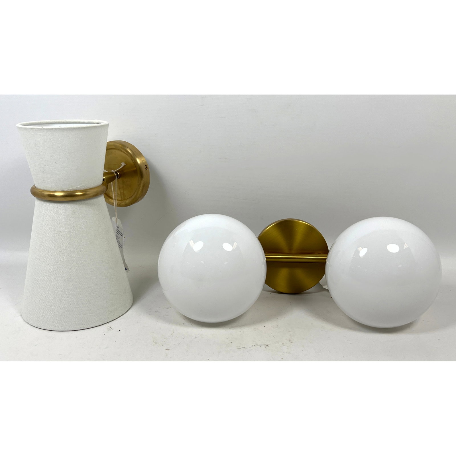 2pcs Visual Comfort Brass and Glass Wall Sconces. Lune and Aerin.: 2pcs Visual Comfort Brass and Glass Wall Sconces. Lune and Aerin. Dimensions: Height: 18.5 inches, Width: 7 inches, Depth: 7 inches. - Additional Dimensions: Cone H: 12 inches, W: 7 inches, D: 9