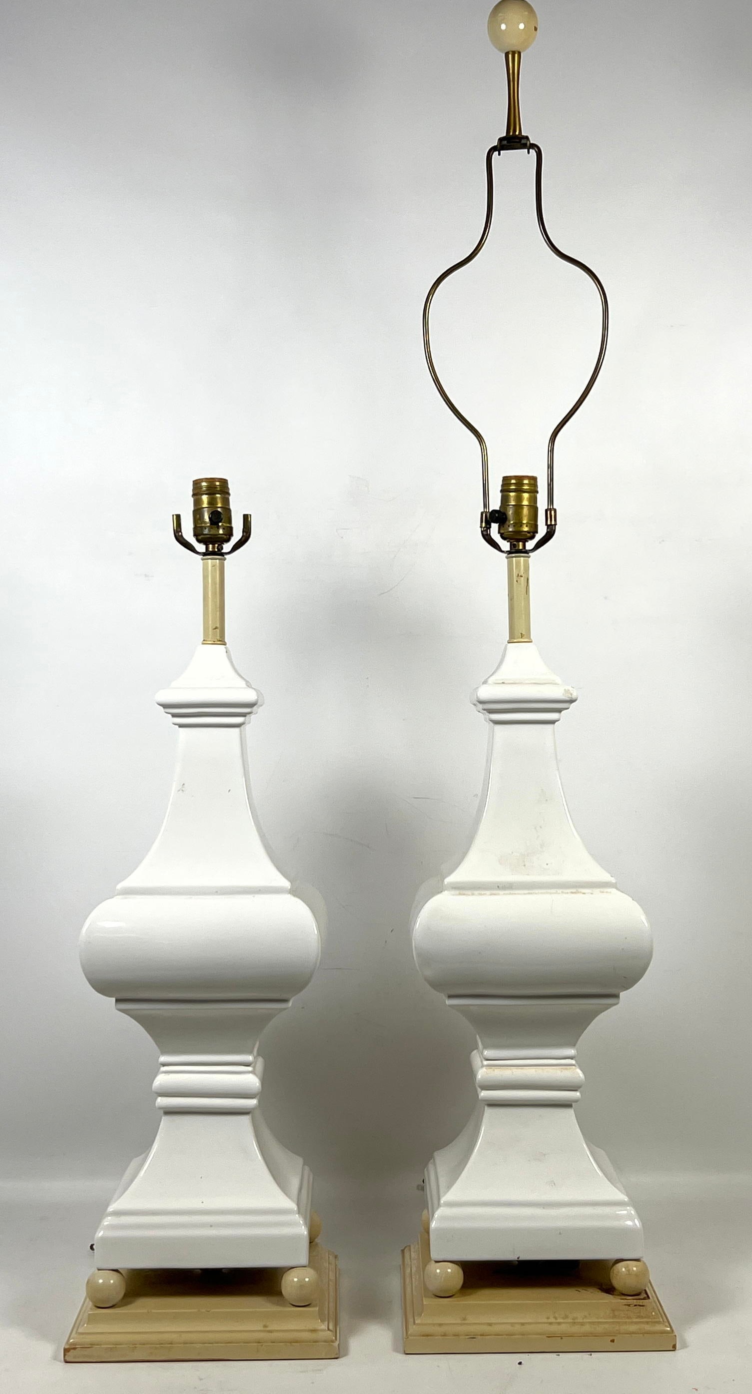 Tall White Ceramic Lamps, Hollywood Regency Style. Only 1 harp.: Tall White Ceramic Lamps, Hollywood Regency Style. Only 1 harp. Dimensions: Height: 44 inches, Width: 8.5 inches, Depth: 8.5 inches. ---