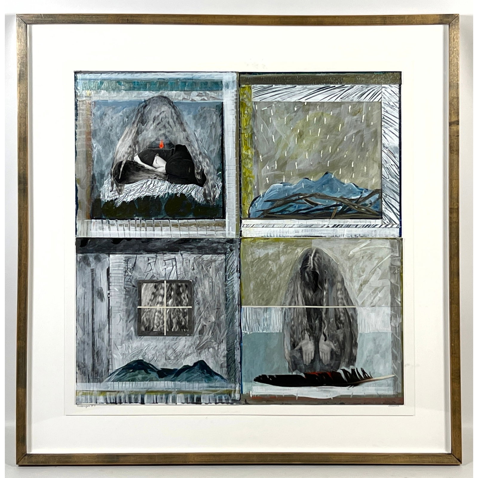 Betsy Stewart "Messenger #9" 1996. Mixed media painting on board. Signed: Betsy Stewart "Messenger #9" 1996. Mixed media painting on board. Signed Dimensions: Frame Height: 32 inches, Frame Width: 32 inches. - Image Size: Image Height: 23.5 inches, Image Width: 23.5 inches.