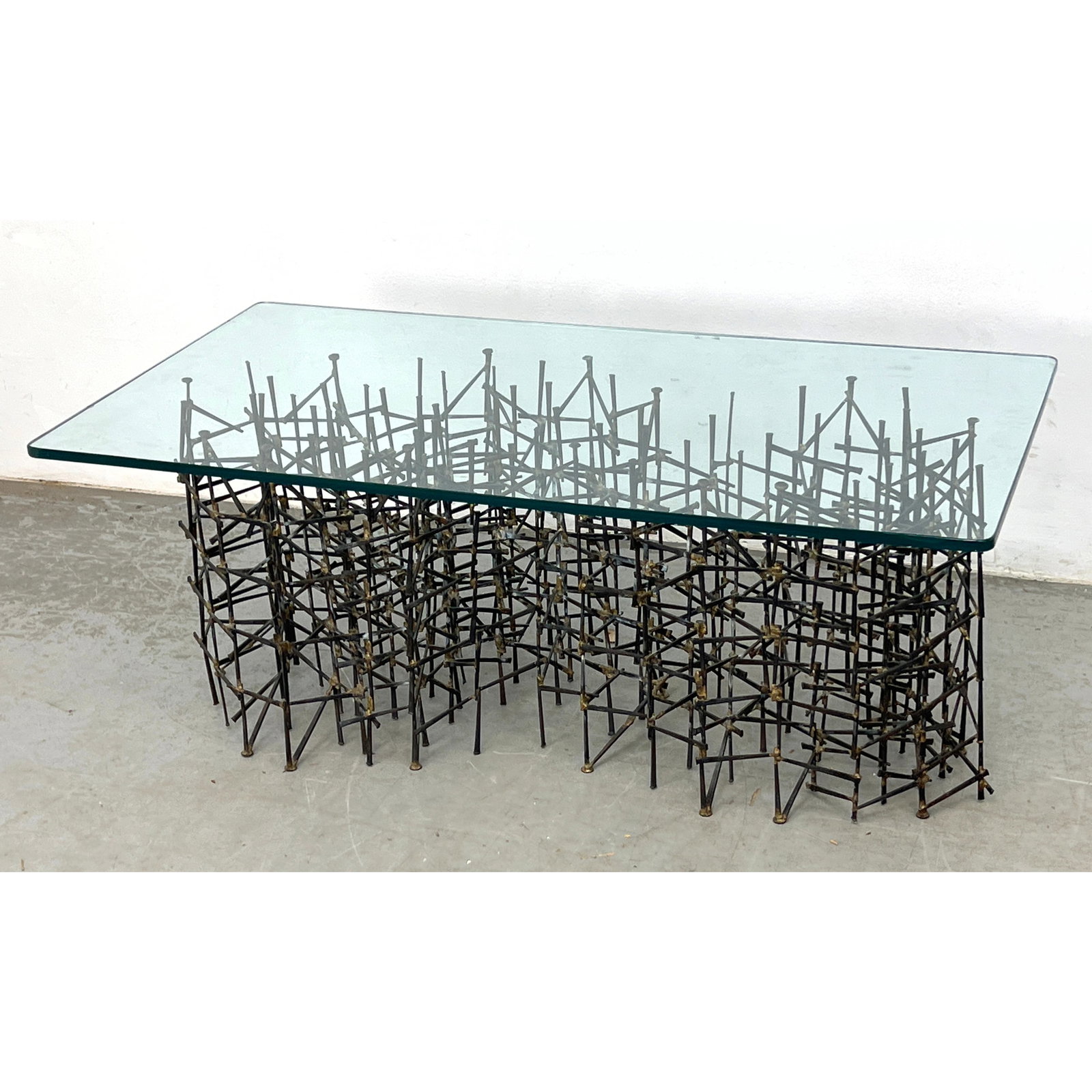 Marcreates Mark Weinstein coffee table with glass top. Unsigned. Welded Cut Nails. (1 of 8)