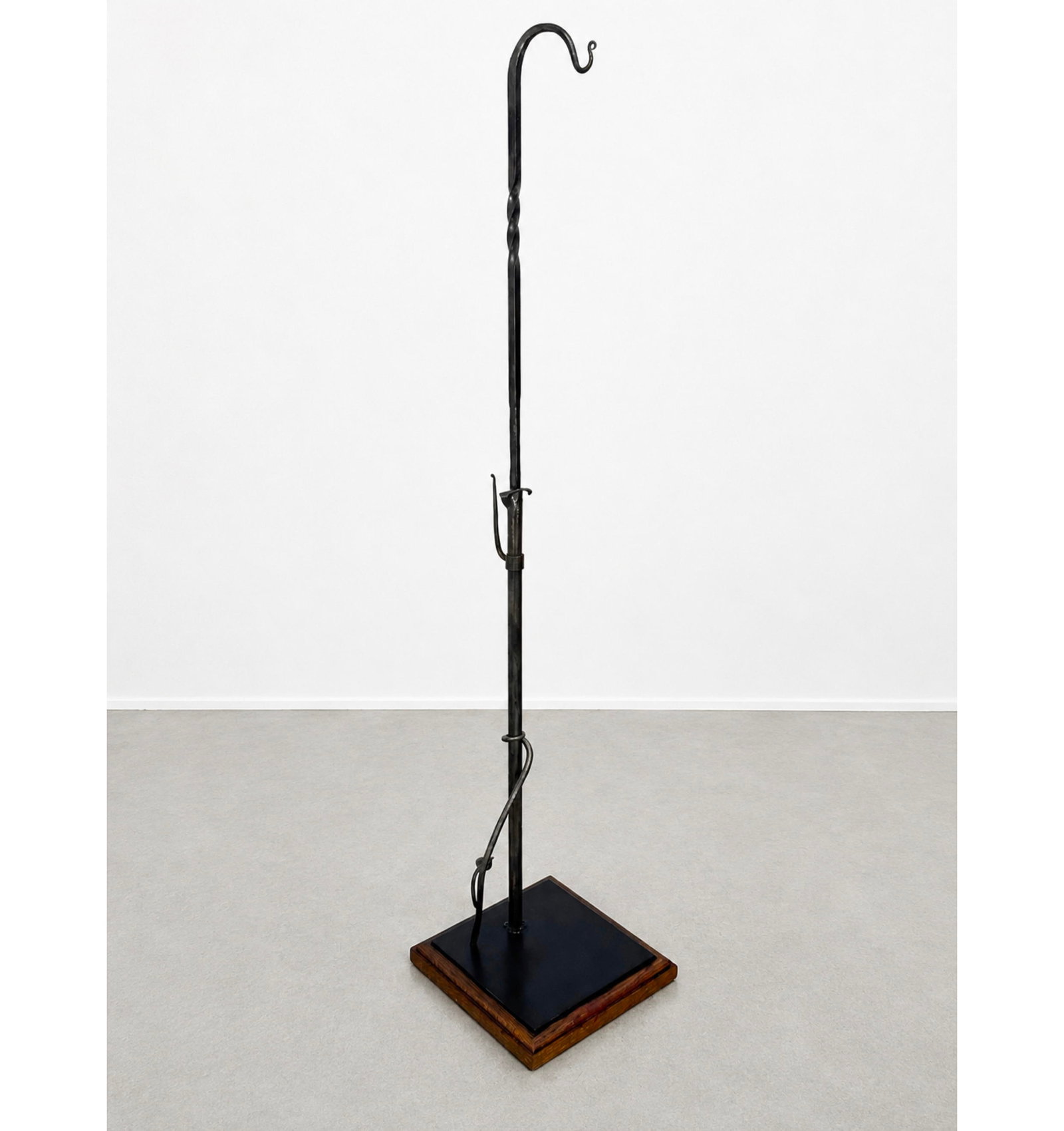 Arts and Crafts Style Forged Iron Shepherds Hook Plant Hanger. Mounted to oak base. (1 of 12)