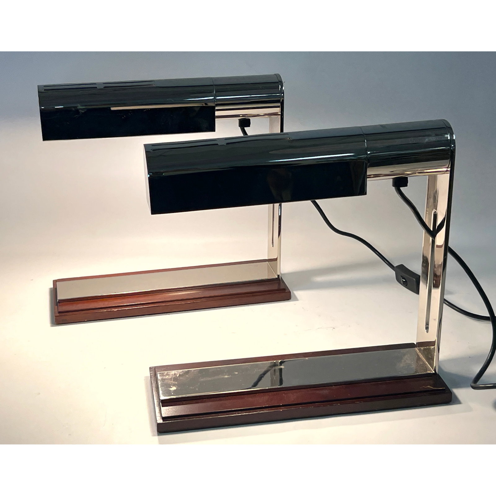 Pair Louis Baldinger Architectural Lighting Desk Lamps. Chrome and Wood. (1 of 13)