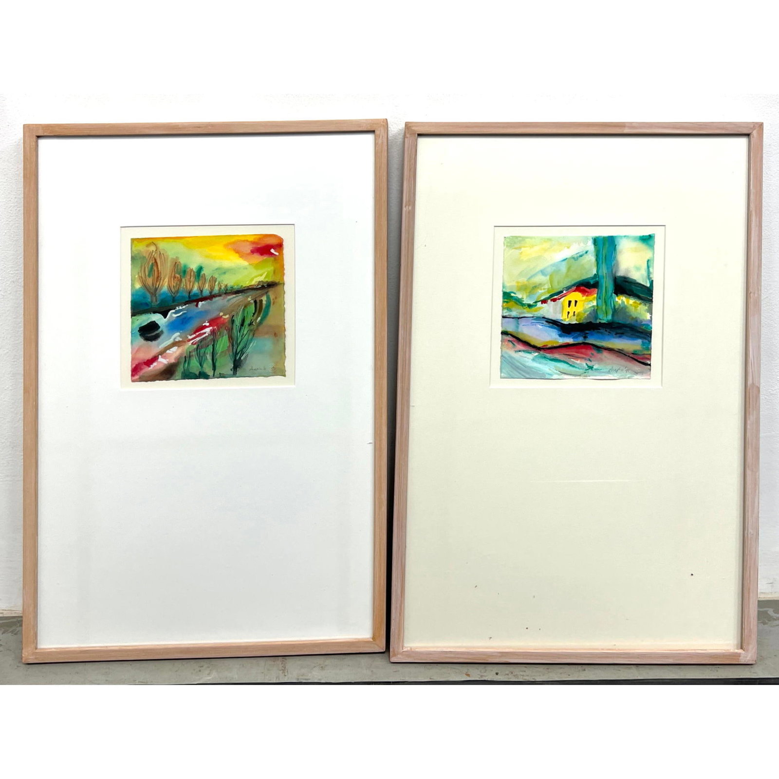 2pcs signed and dated Watercolor Painting on Handmade Paper.: 2pcs signed and dated Watercolor Painting on Handmade Paper. Dimensions: Frame Height: 33 inches, Frame Width: 21 inches. - Image Size: Image Height: 9 inches, Image Width: 8 inches. ---