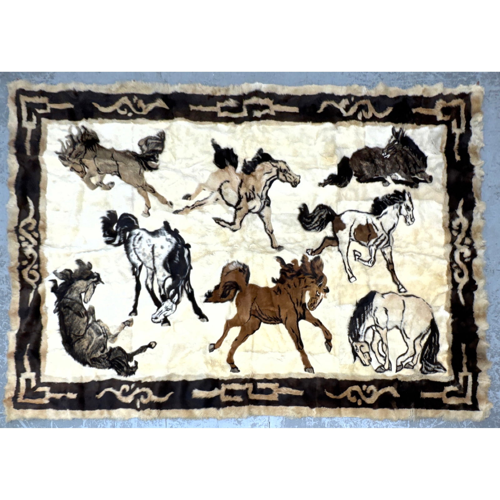 South western Stitched Fur Rug Wall Hanging Depicting Horses. (1 of 12)