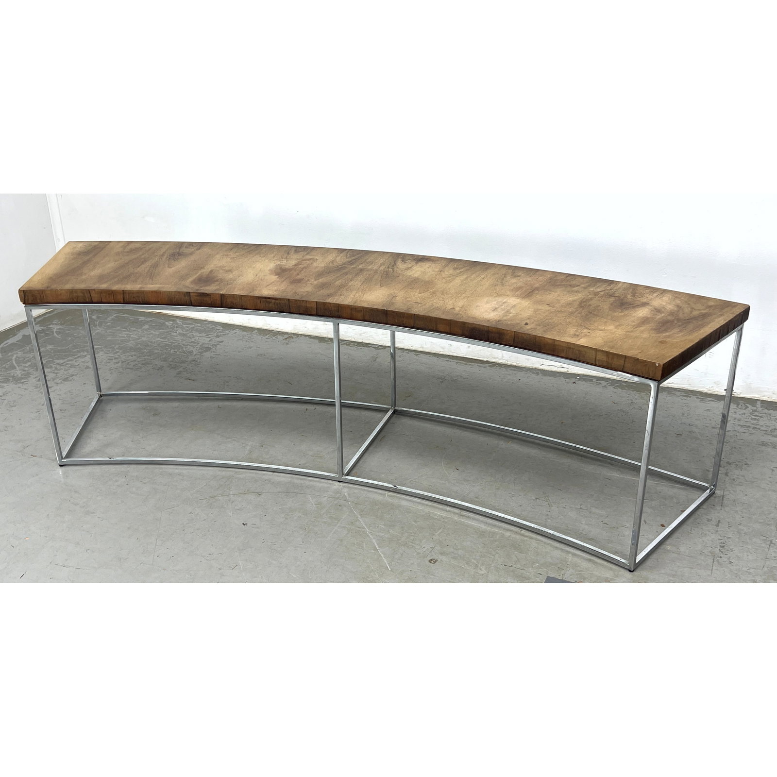 Curved Milo Baughman Wood and Chrome low console, bench or tall Coffee Table. Demilune. (1 of 8)