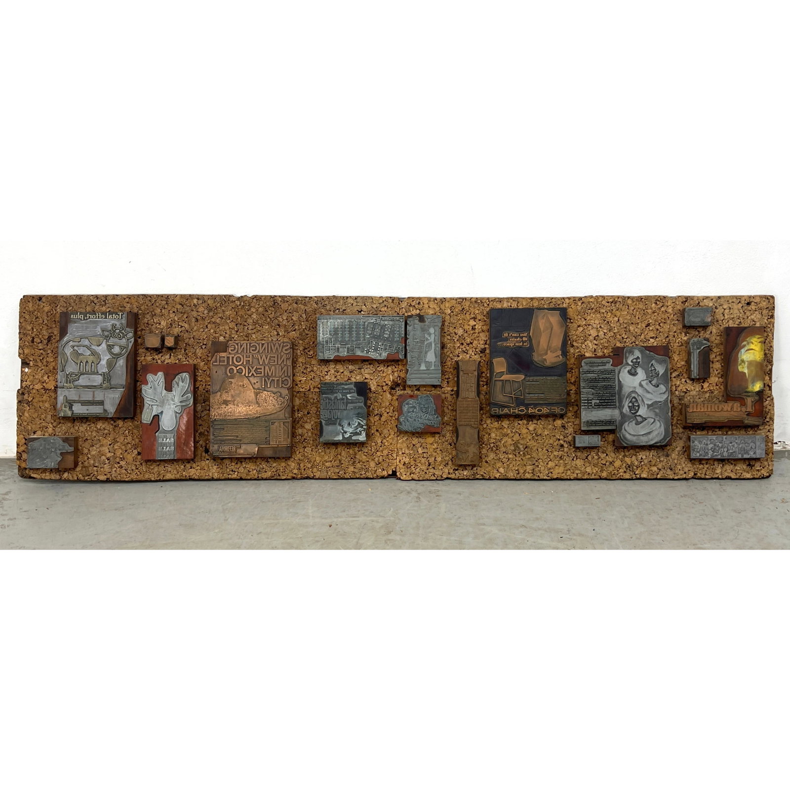 Assorted Printing Blocks mounted on Cork Panel. Mostly Pictorial Metal Blocks. Mid Century Commercia (1 of 7)