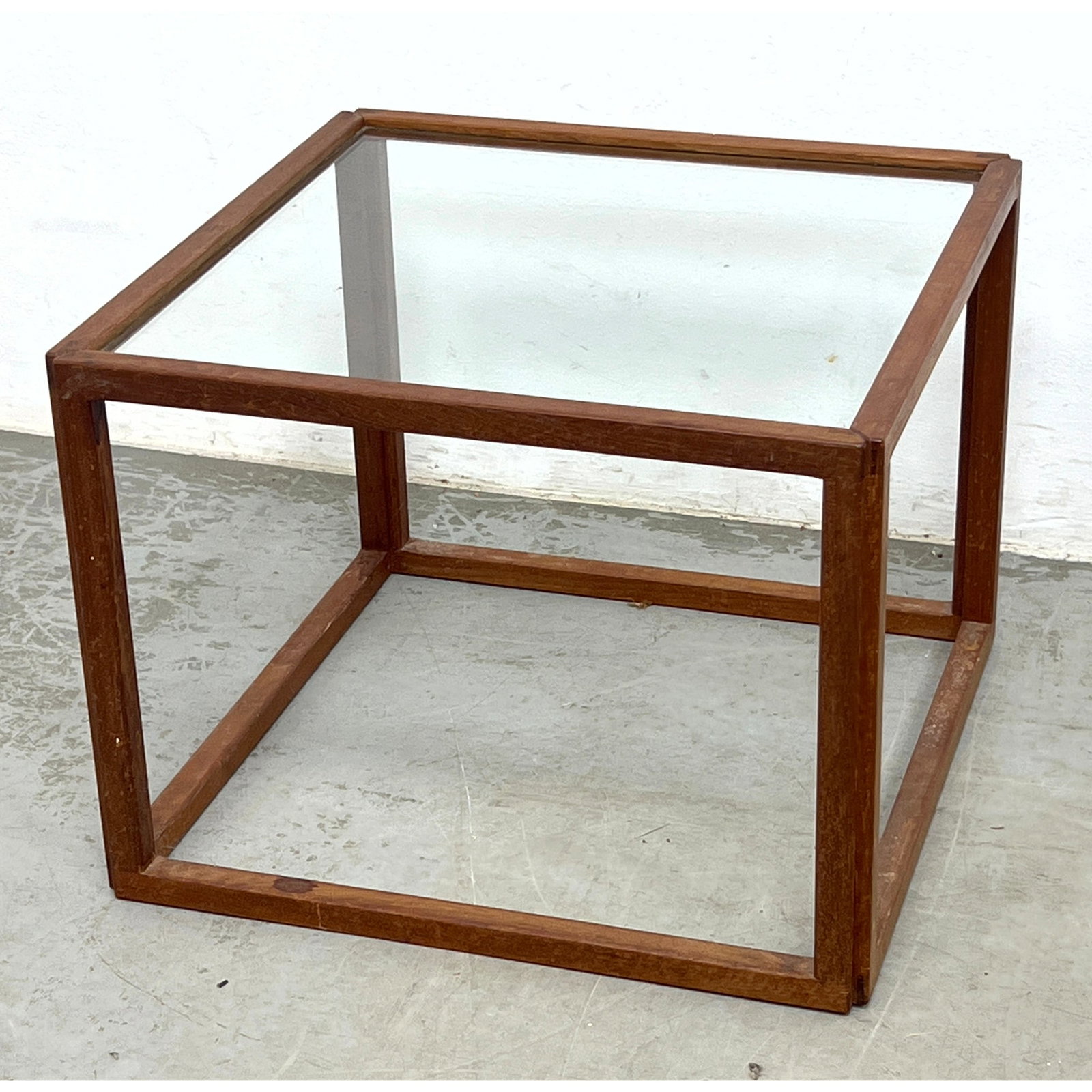 Vintage Danish mid-century modern teak and glass cube side table designed by Kai Kristiansen: Vintage Danish mid-century modern teak and glass cube side table designed by Kai Kristiansen Dimensions: Height: 14 inches, Width: 18.25 inches, Depth: 18.25 inches. ---