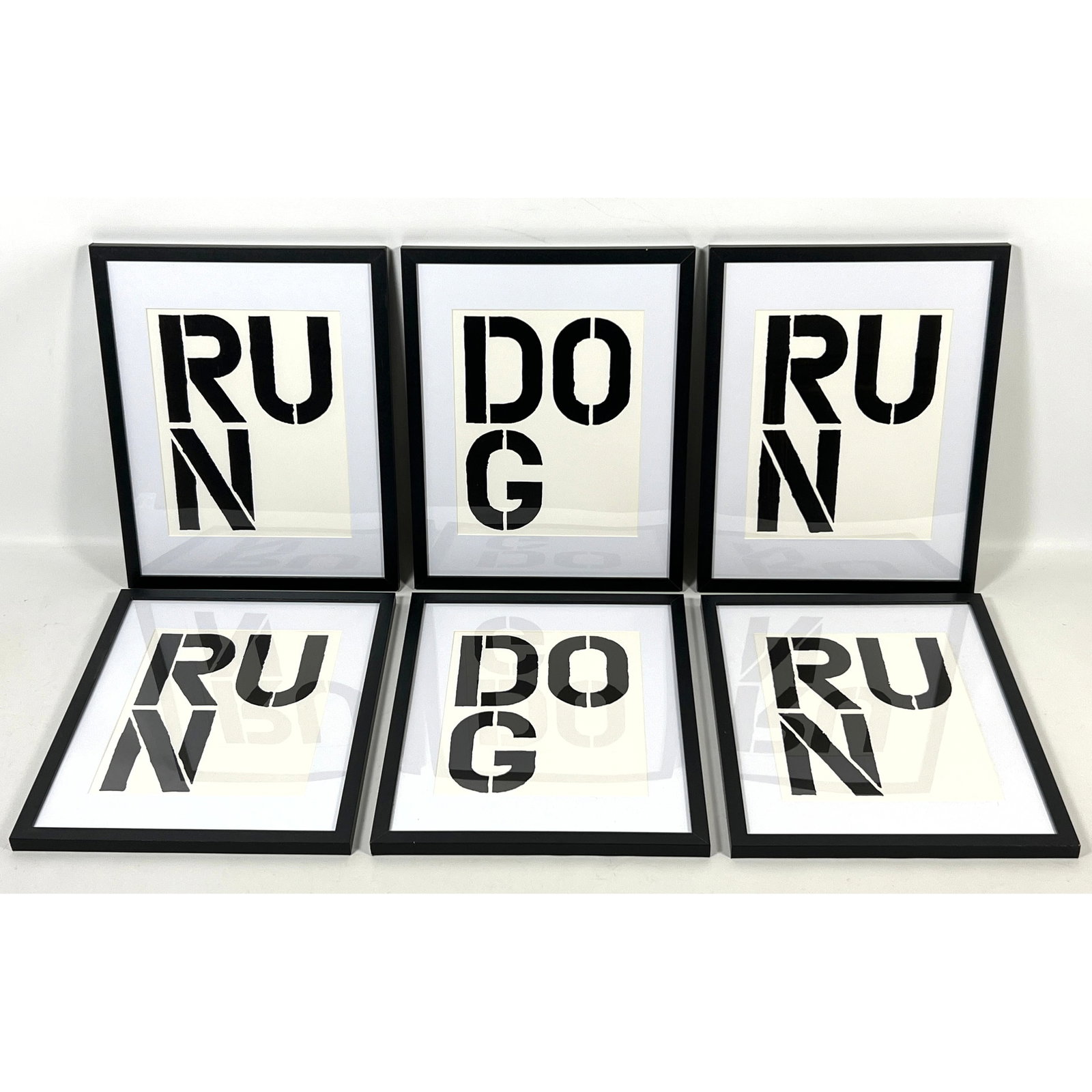 Christopher Wool set of 6 lithograph Prints "run dog". Unmarked.: Christopher Wool set of 6 lithograph Prints "run dog". Unmarked. Dimensions: Frame Height: 15 inches, Frame Width: 12 inches. - Image Size: Image Height: 10 inches, Image Width: 8 inches. ---