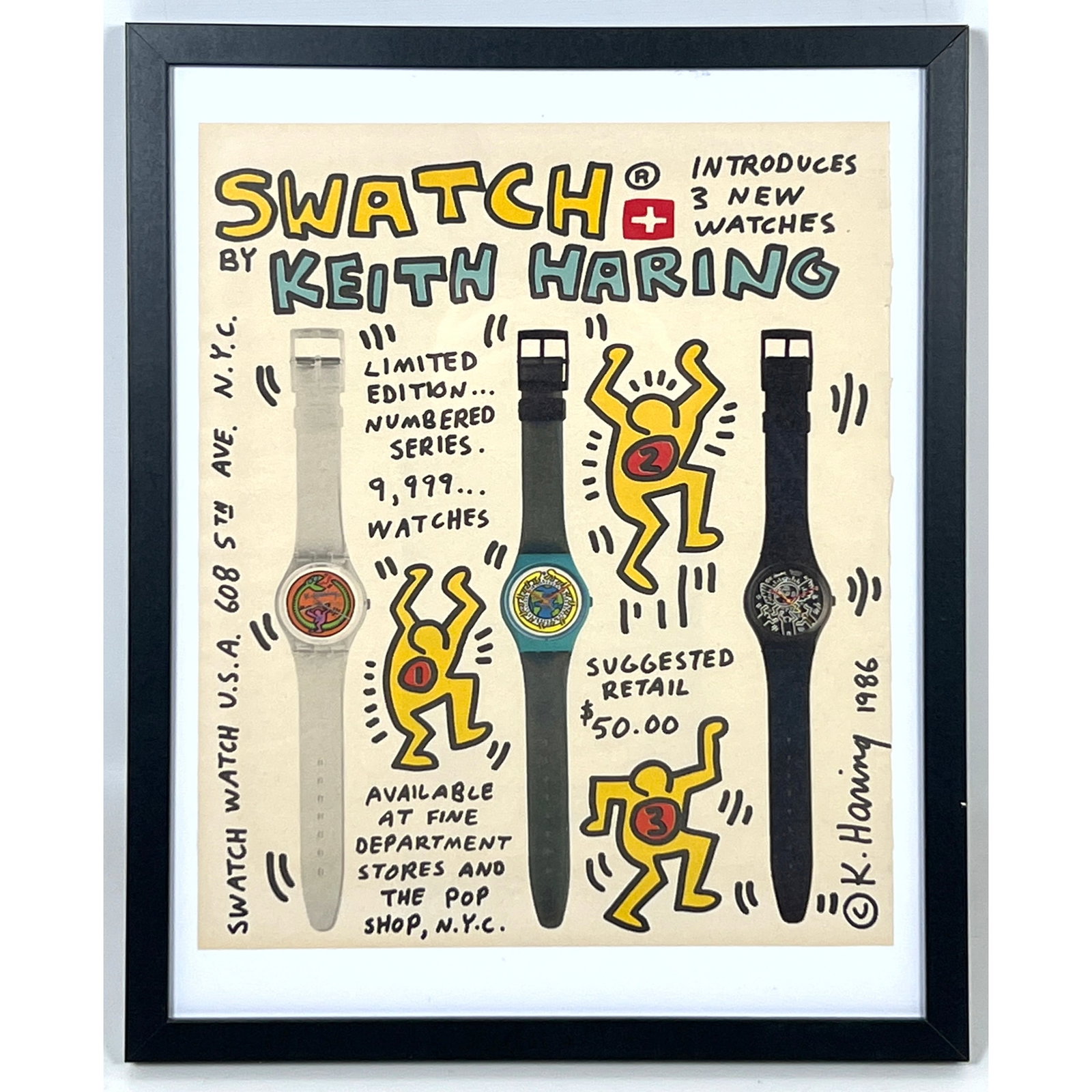 Keith Haring swatch watch advertisement print.: Keith Haring swatch watch advertisement print. Dimensions: Frame Height: 15 inches, Frame Width: 11.5 inches. - Image Size: Image Height: 12 inches, Image Width: 10 inches. ---