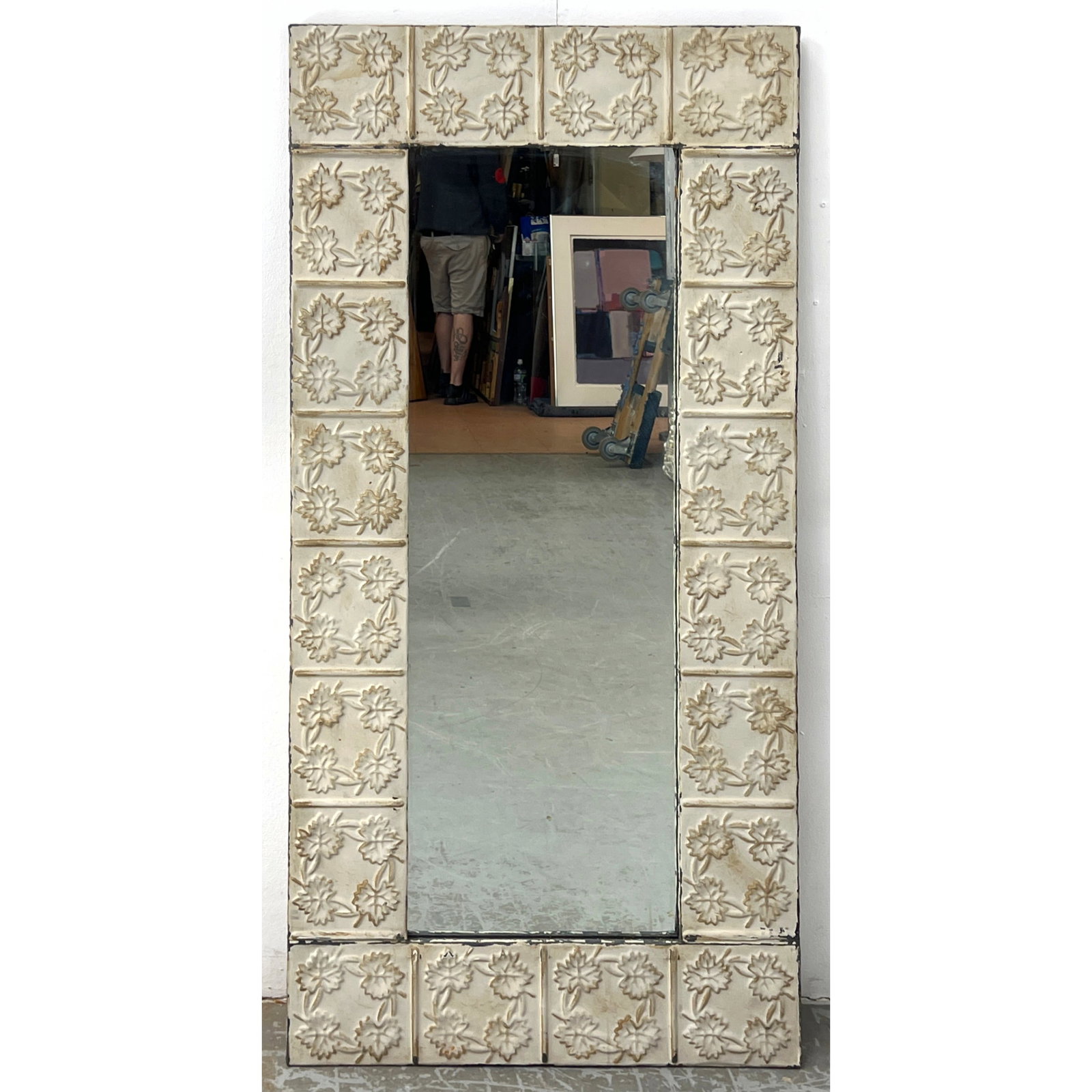 Repurposed Tin Framed Wall Mirror. Oak leaf design. (1 of 10)