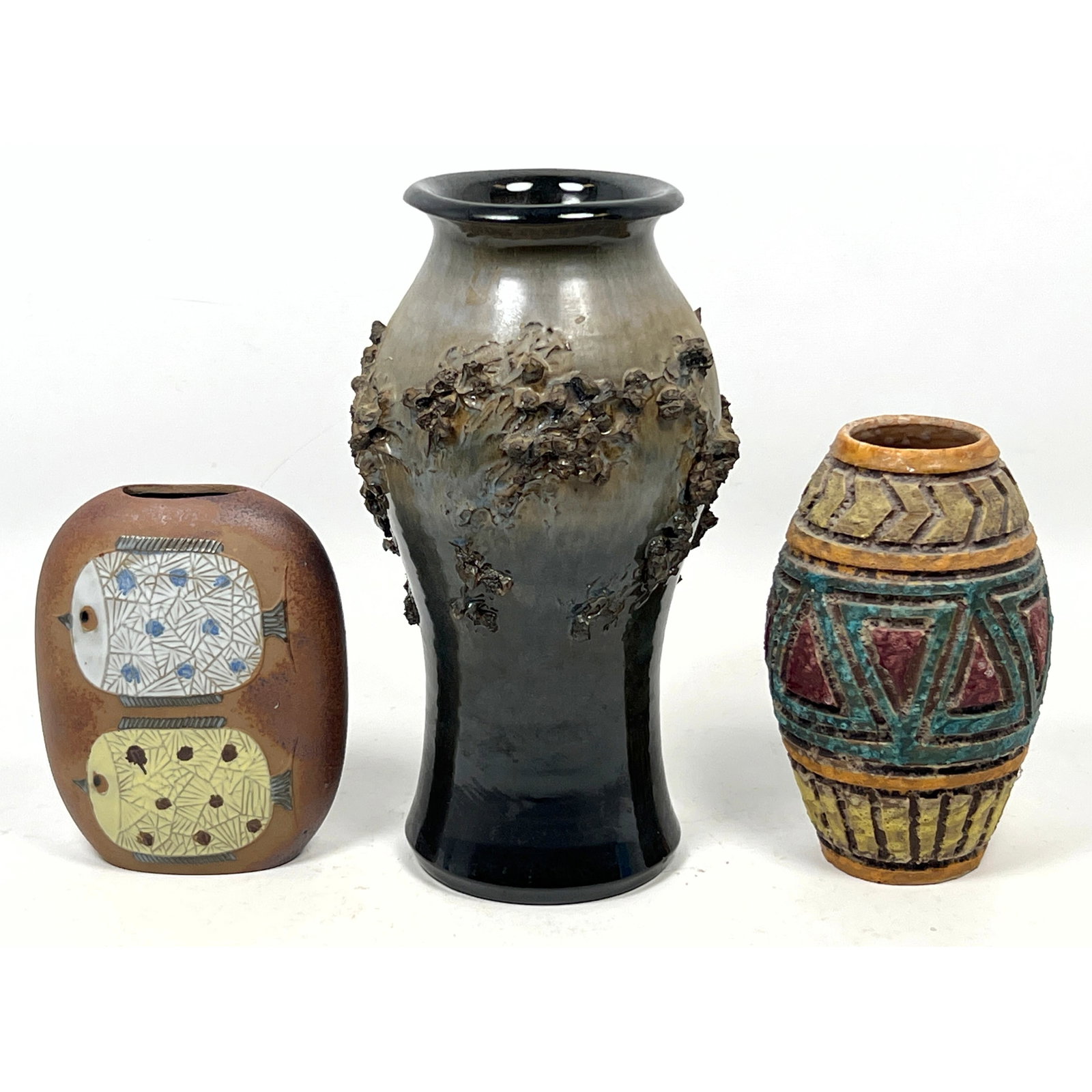 3pcs Studio Art Pottery. Italian, Signed studio, and Japanese decorated.: 3pcs Studio Art Pottery. Italian, Signed studio, and Japanese decorated. Dimensions: Height: 11 inches, Width: 5 inches. ---