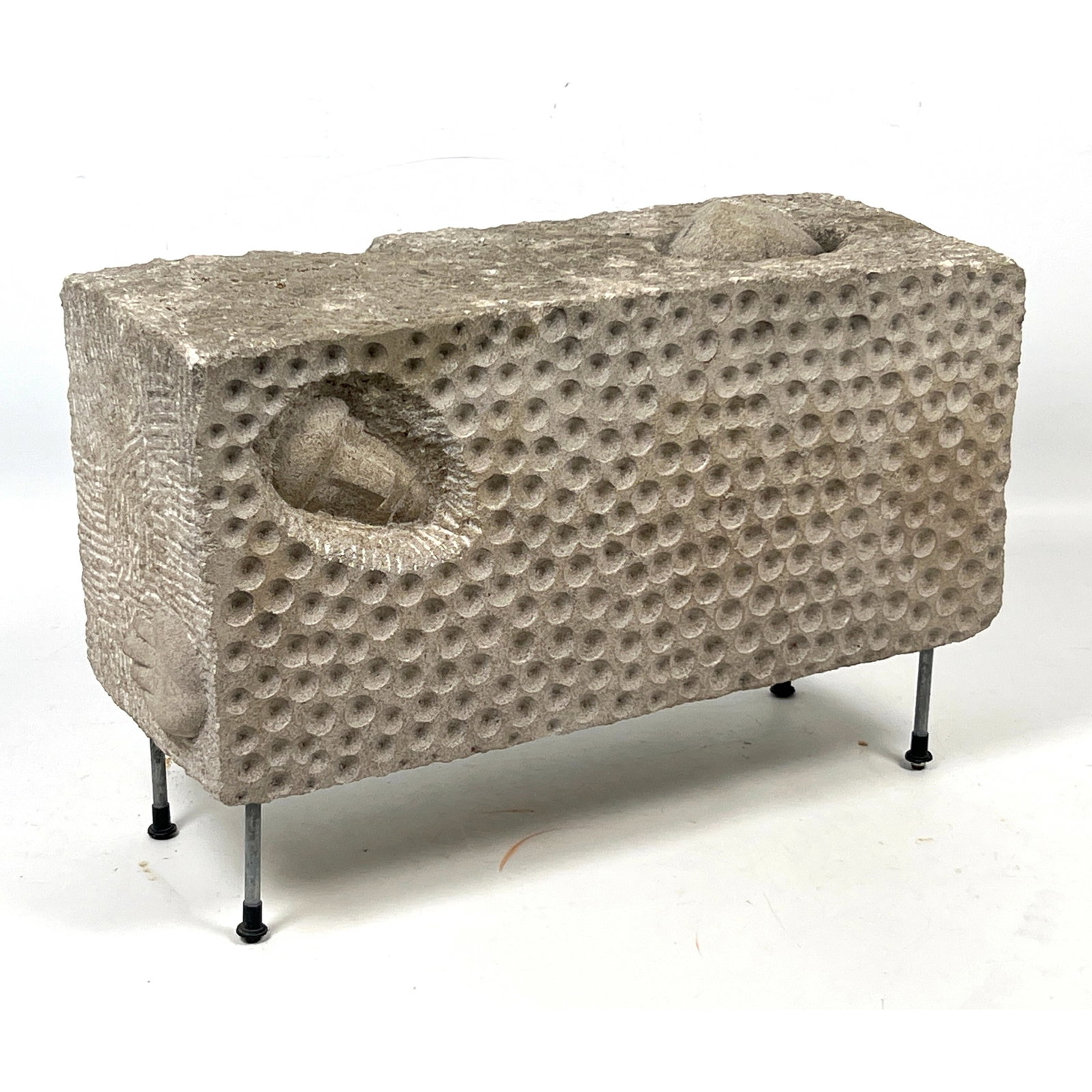Modernist Solid Limestone Block Sculpture on Metal Peg Legs. Figure emerging from stone. (1 of 11)