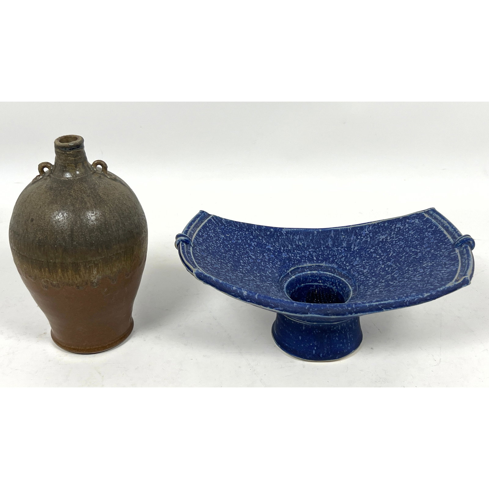 2pcs Art Pottery. Blue Ikebana Vase and Stoneware handle vase. (1 of 15)