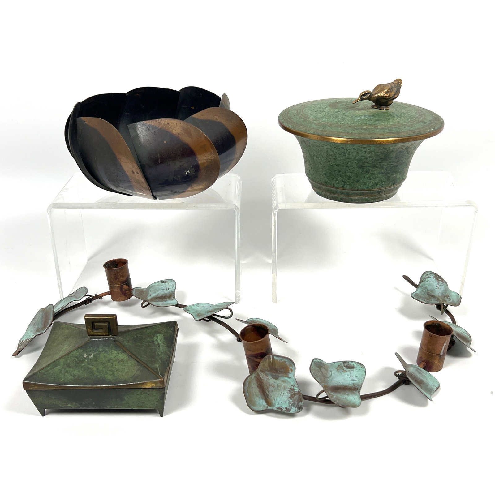 4pcs Metal Art Ware. FRANCISCO REBAJES bowl, Carl Sorensen, etc. The first item is a Francisco Rebaj: 4pcs Metal Art Ware. FRANCISCO REBAJES bowl, Carl Sorensen, etc. The first item is a Francisco Rebajes copper bowl, constructed from overlapping curved sheets to create a spiral lotus form. The hand-h