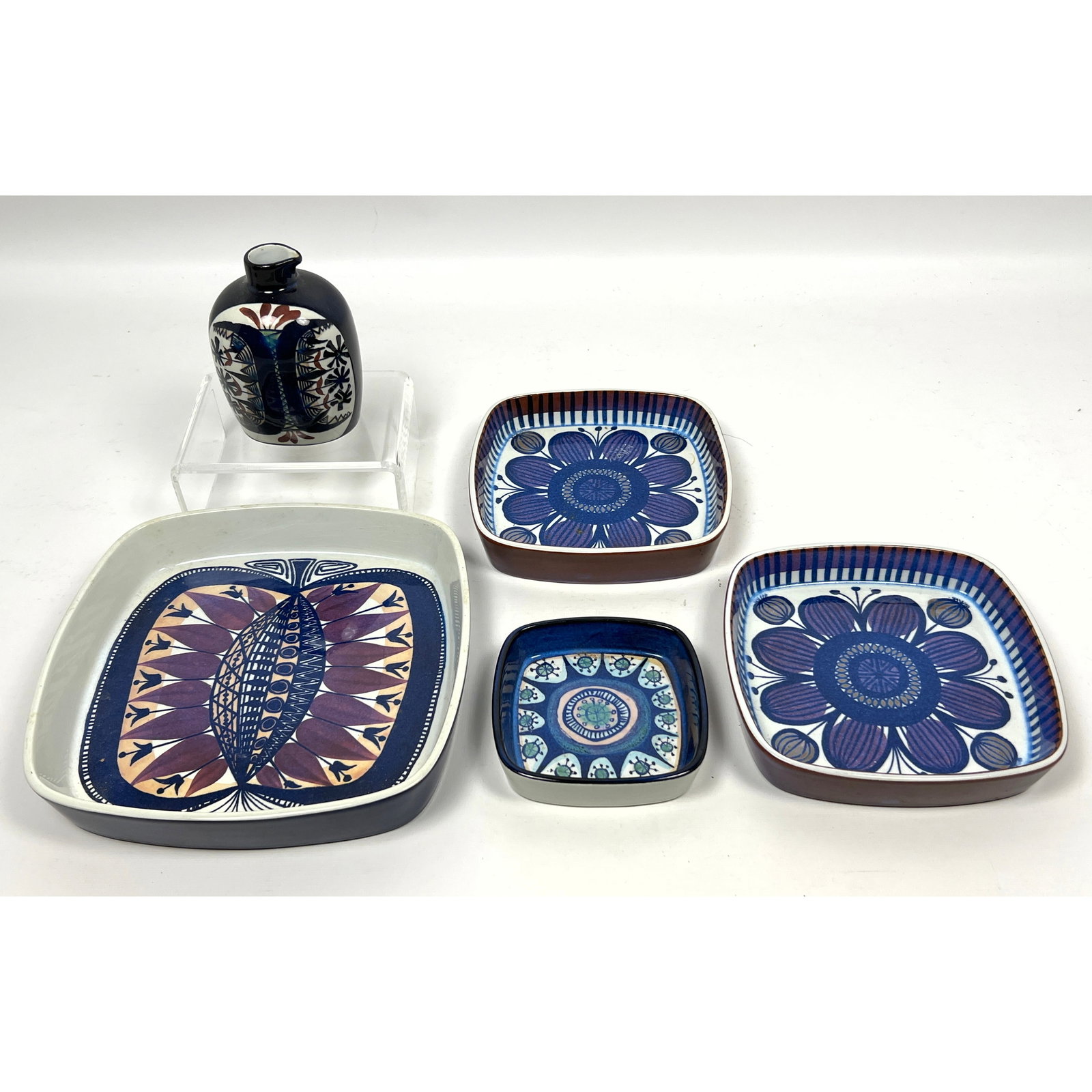 5pc Collection ROYAL COPENHAGEN fajance Art Pottery. 4 Squared Porcelain Dishes. One Small Vase. All (1 of 14)
