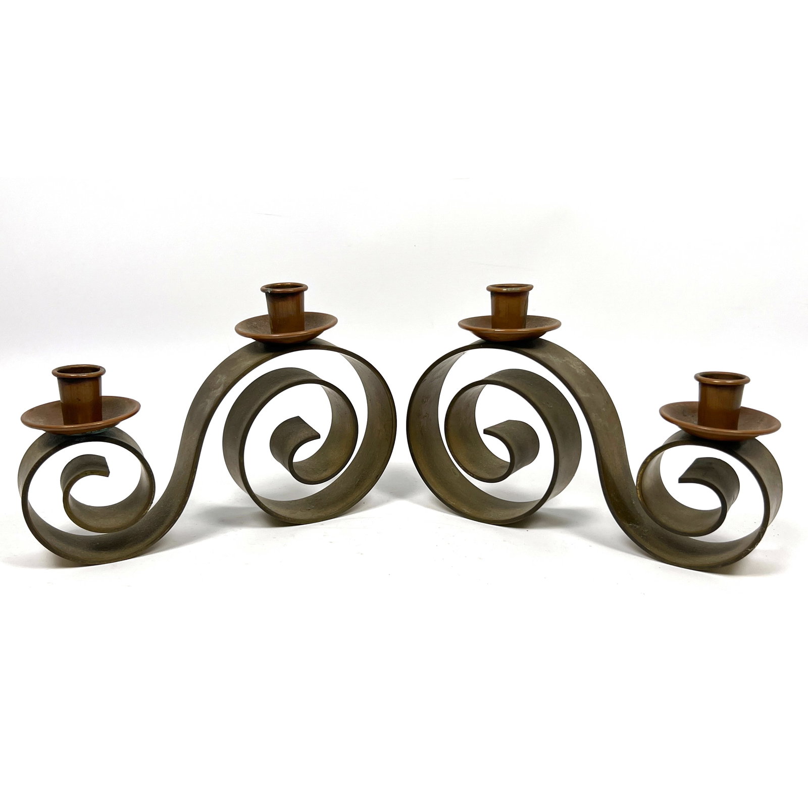 Pr Taxco Mexico Brass Scroll Candle Holders. Each has two Copper Candle Cups. Elegant Form in Heavy (1 of 10)