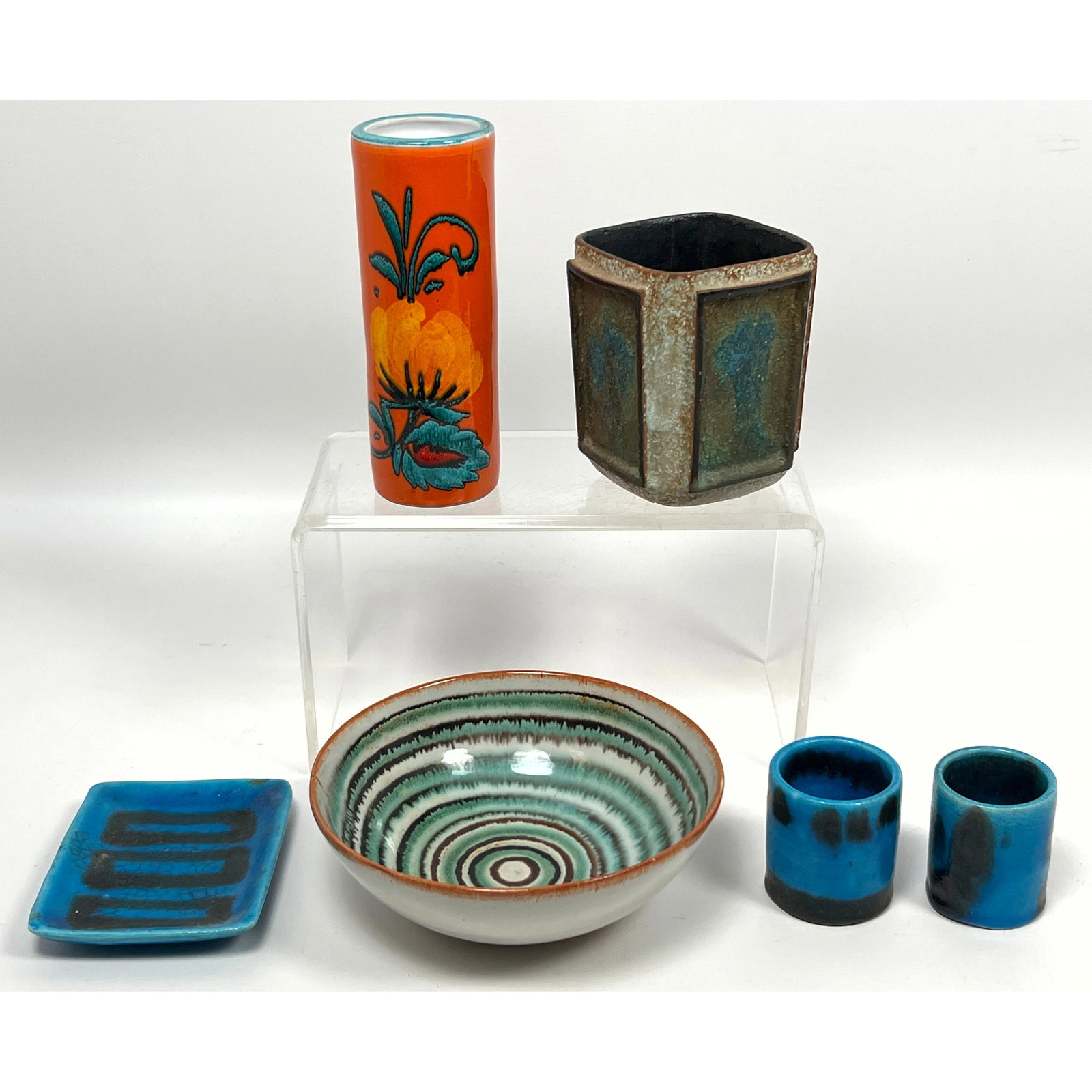6pc Mid Century Modern Studio Pottery. GAMBONE Deep Blue Glazed Dish. Mostly Italian Ceramics. Itali (1 of 19)
