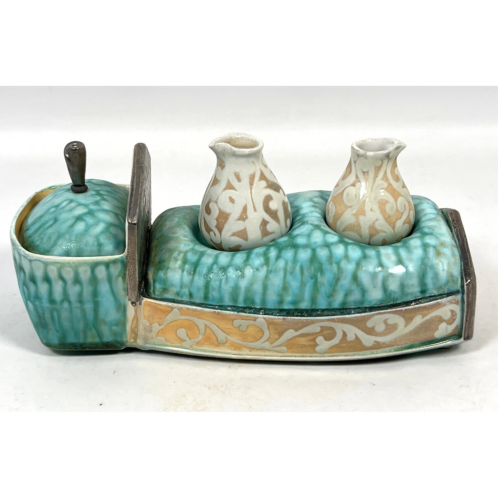 Galloway Art Porcelain Condiment Set.: Galloway Art Porcelain Condiment Set. Dimensions: Height: 5.5 inches, Width: 11 inches, Depth: 5.5 inches. ---