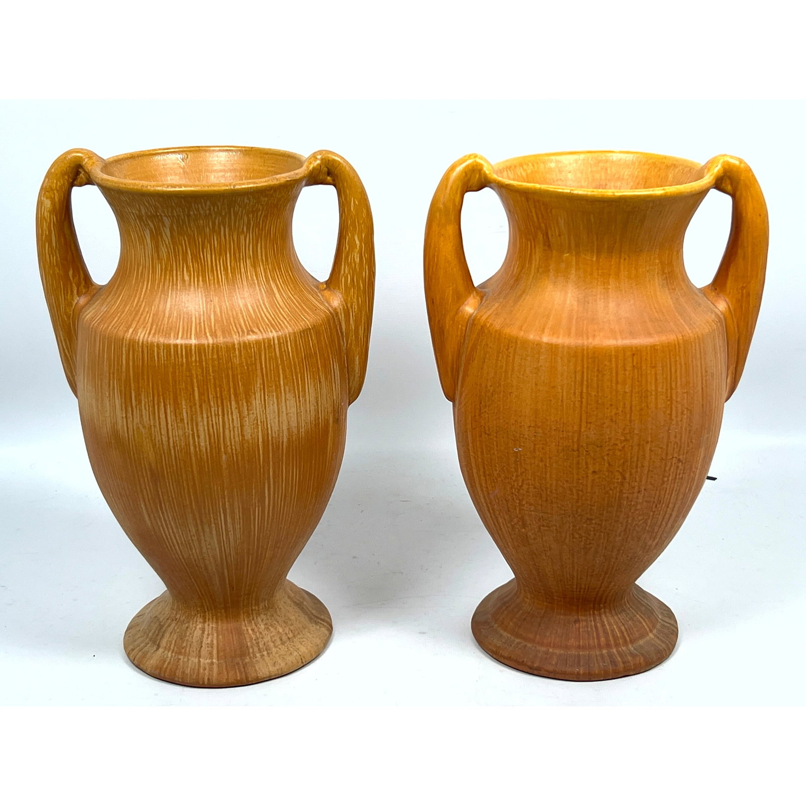 Pair American Art Pottery Handled Vases. Amphora form. orange-brown glaze (1 of 13)