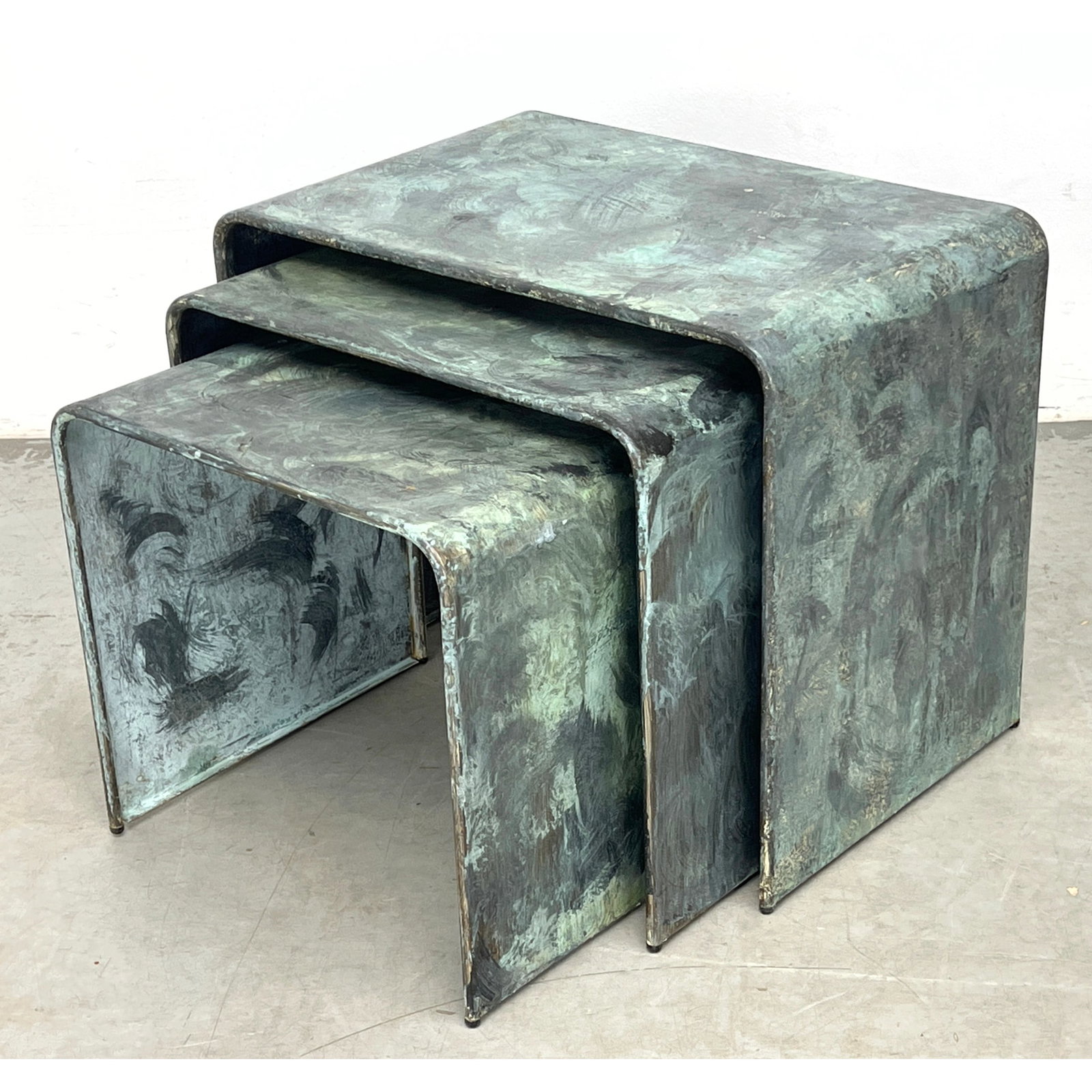 3pc Set Copper Finish Metal Nesting Tables.: 3pc Set Copper Finish Metal Nesting Tables. Dimensions: Height: 18 inches, Width: 22 inches, Depth: 14.5 inches. ---