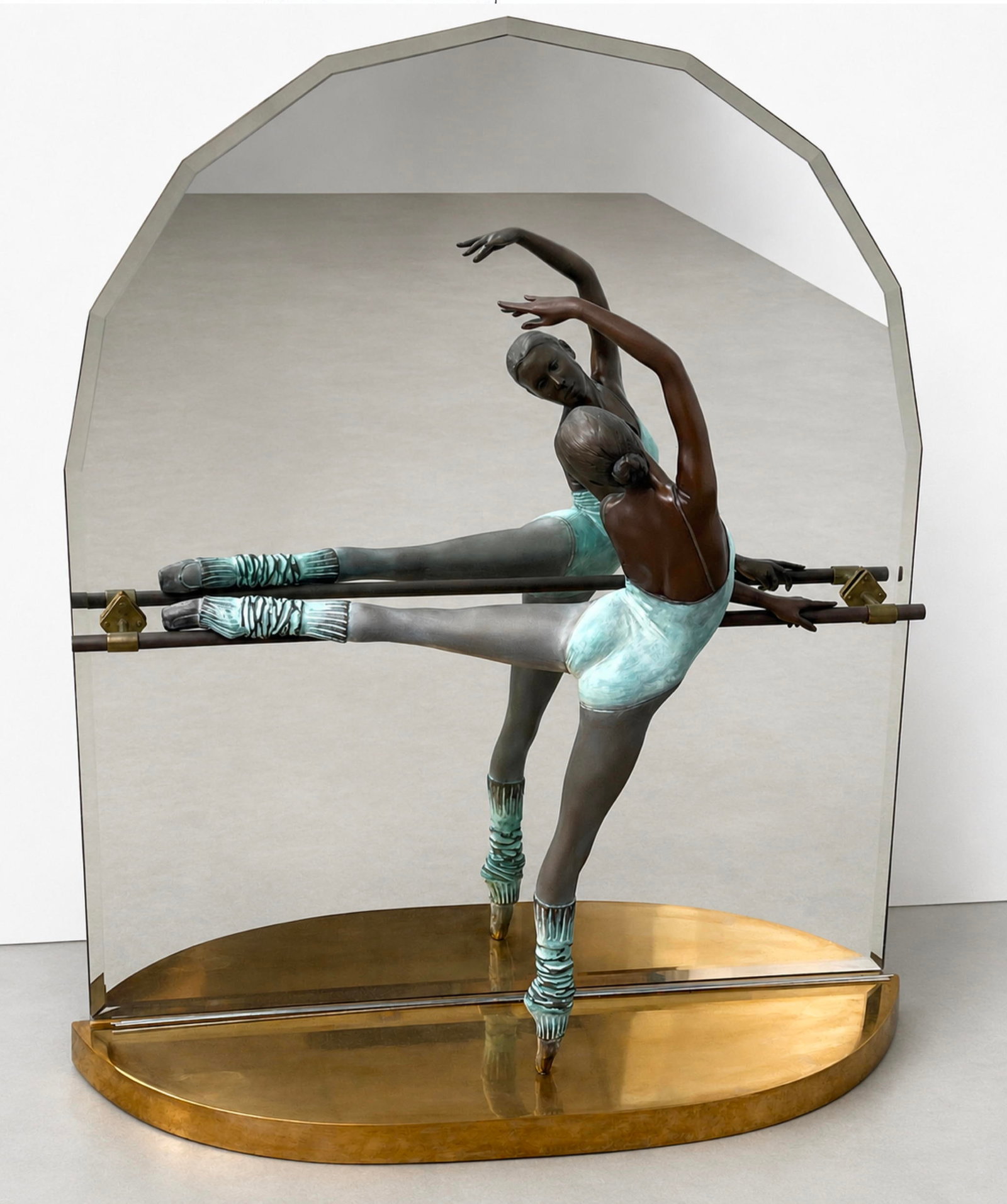 RAMON PARMENTER At the Barre Bronze Sculpture of Ballerina in front of mirror. Signed 1987. numbered: RAMON PARMENTER At the Barre Bronze Sculpture of Ballerina in front of mirror. Signed 1987. numbered. 16/74 Dimensions: Height: 34.5 inches, Width: 27.5 inches, Depth: 8 inches. ---