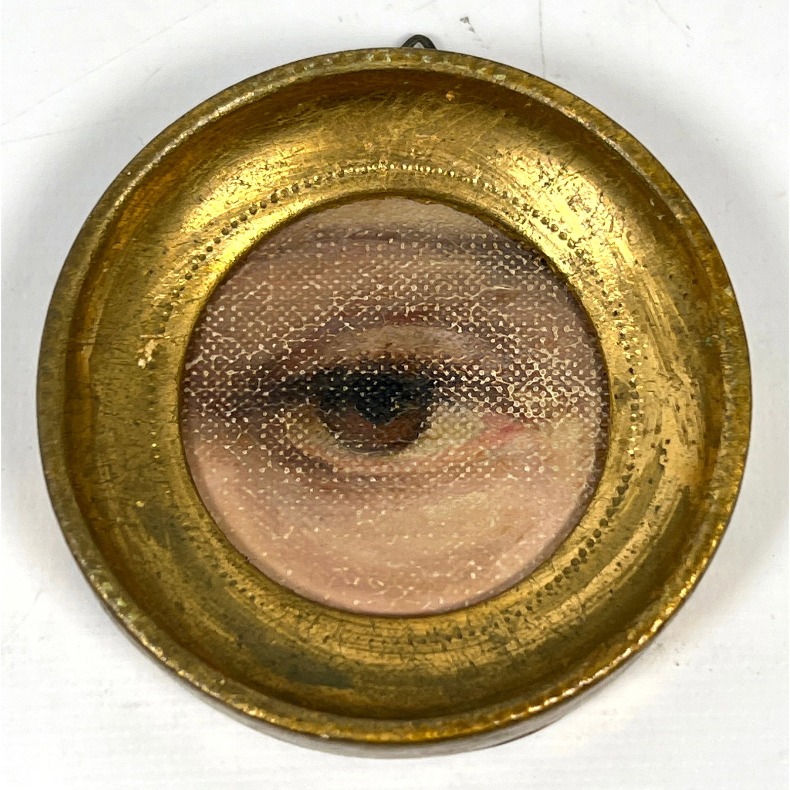Miniature gilt-framed oil "Lover's Eye" style painting. Original painting. Unsigned.: Miniature gilt-framed oil "Lover's Eye" style painting. Original painting. Unsigned. Dimensions: Height: 3 inches, Width: 3 inches, Depth: 1 inches. ---
