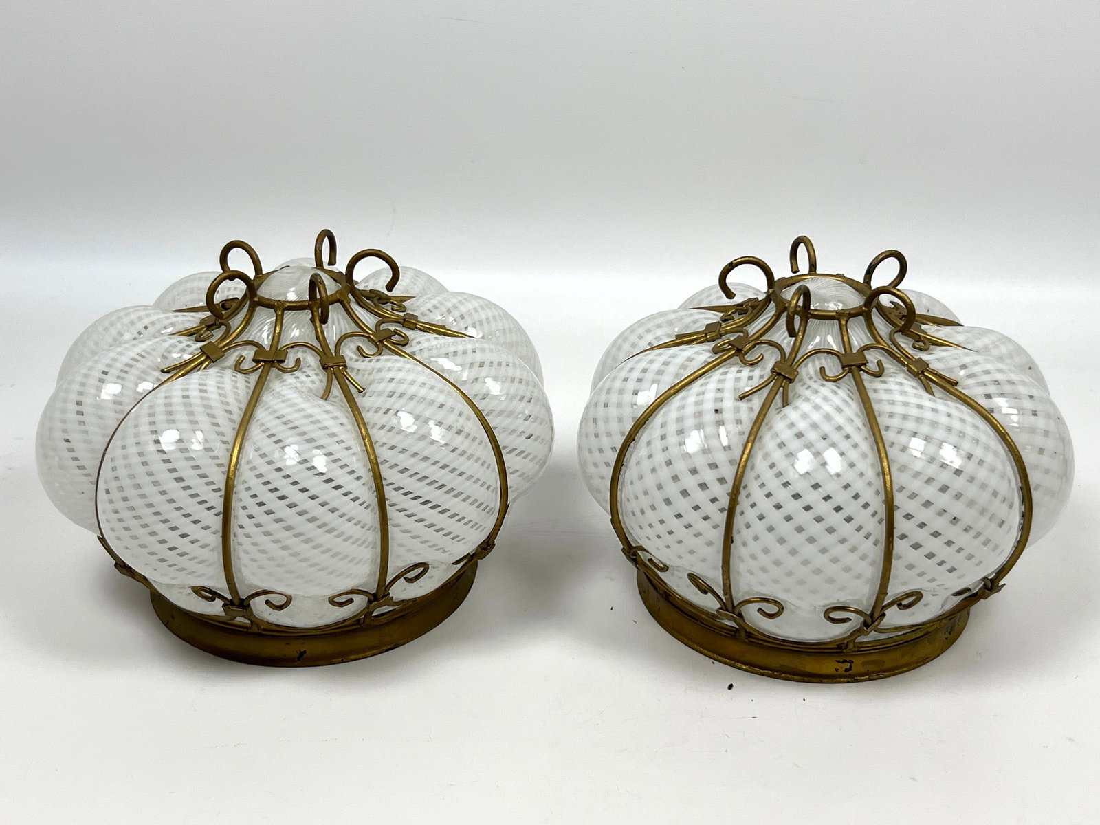 Pr Matching Murano Glass Shades. Cage Blown Glass with Gilt Metal Frame. White Latticino Italian Gla (1 of 12)