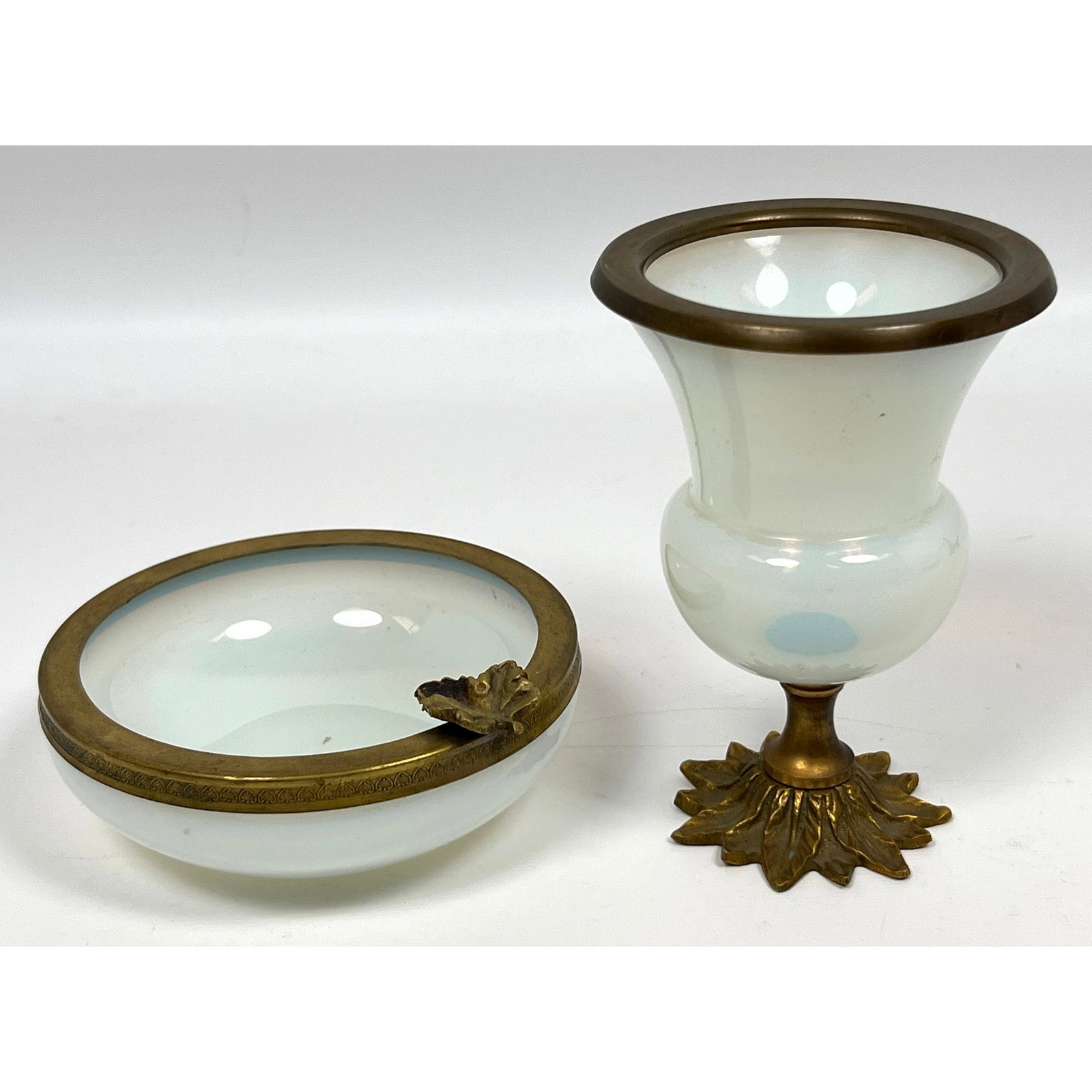 2pc French Opaline Glass Smoking Set. Bronze mounts. Opaque Glass Cigarette Holder and Ashtray. (1 of 12)