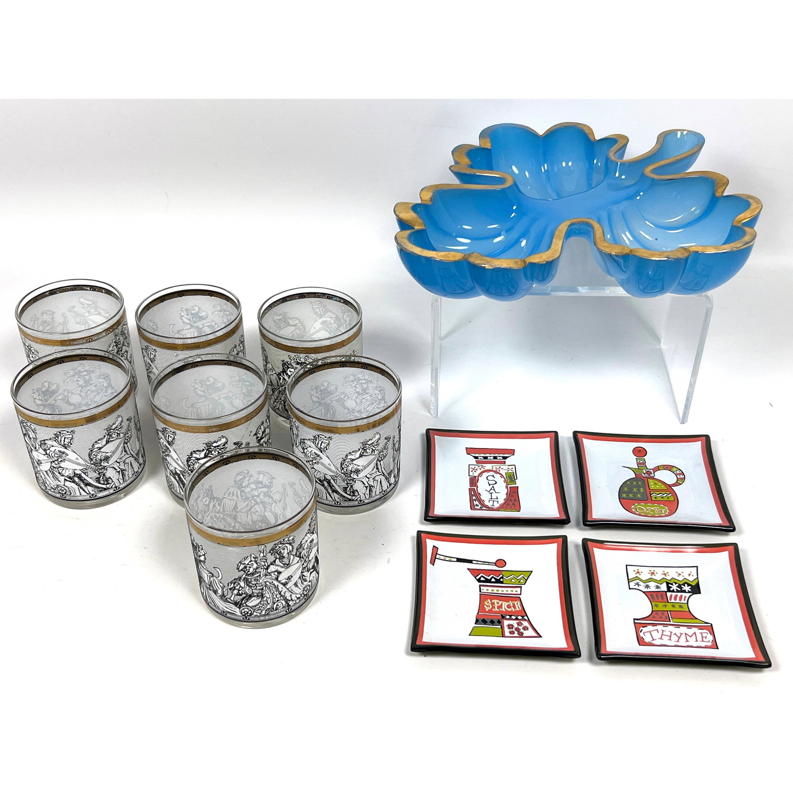 Modern Glass Lot. Blue Venetian Murano Cenedese Leaf Bowl. Fornasetti style Glasses. Small Trays. (1 of 16)